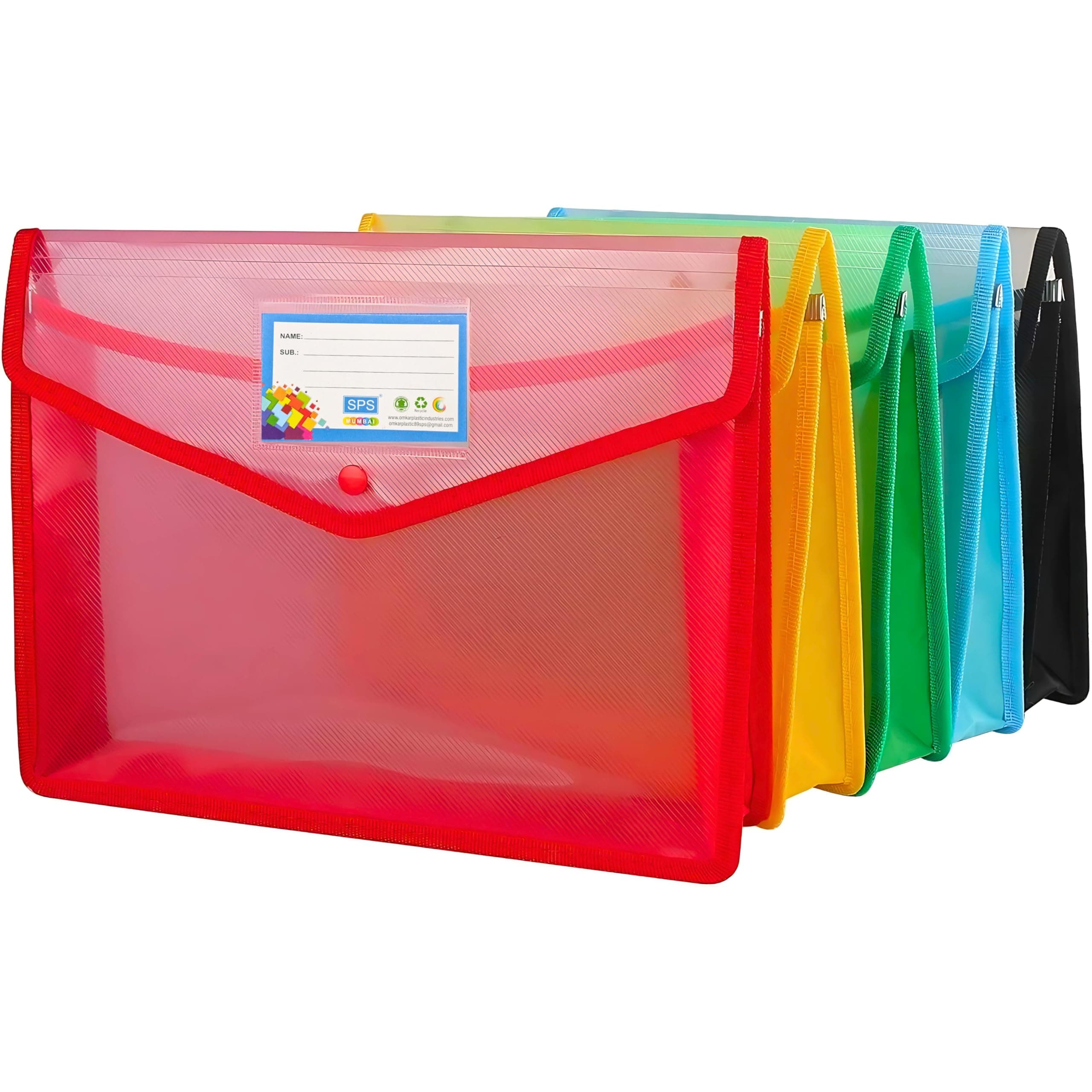 SPS File Folder, Transparent Poly-Plastic A4/Foolscap Documents File Storage Bag with Snap Button Set of 5/ Certificate File Folder