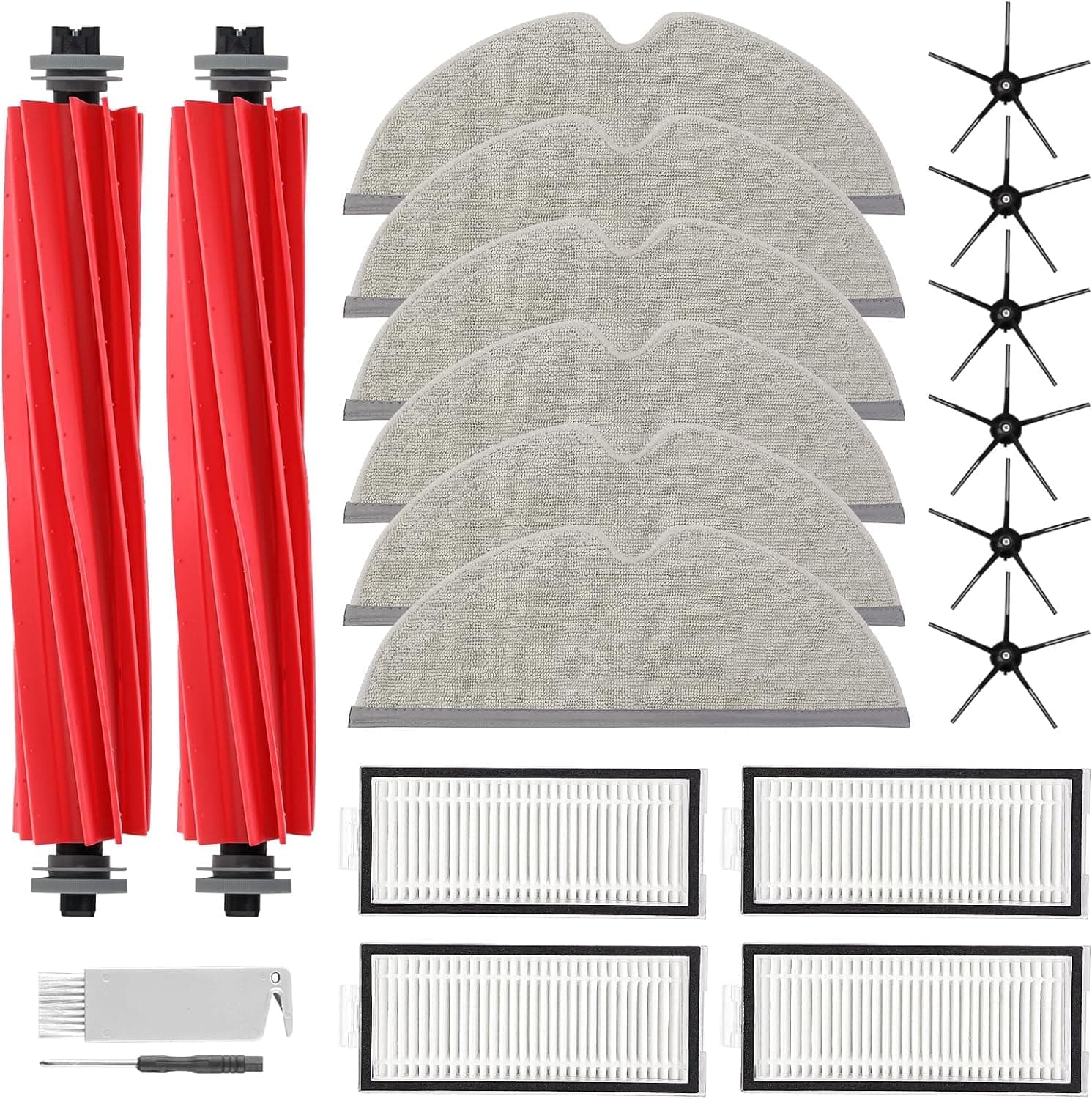 20Pcs Q7 Accessories Kit Replacement Compatible with Roborock Q7 / Q7+ / Q7 Max / Q7 Max+ Robot Vacuum, 2 Main Brush, 6 Mop Cloth Pads, 6 Side Brushes, 4 HEPA Filters, 1 Cleaning Tool