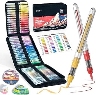 JusArt 48 Colors Acrylic Paint Markers with Canvas Bag, Water-Based No-Bleed Paint Pens with Automatic Ink Control, Waterproof Brush Tip Markers for DIY Art & Crafts -Eggs, Fabric, Rock, Glass, Metal