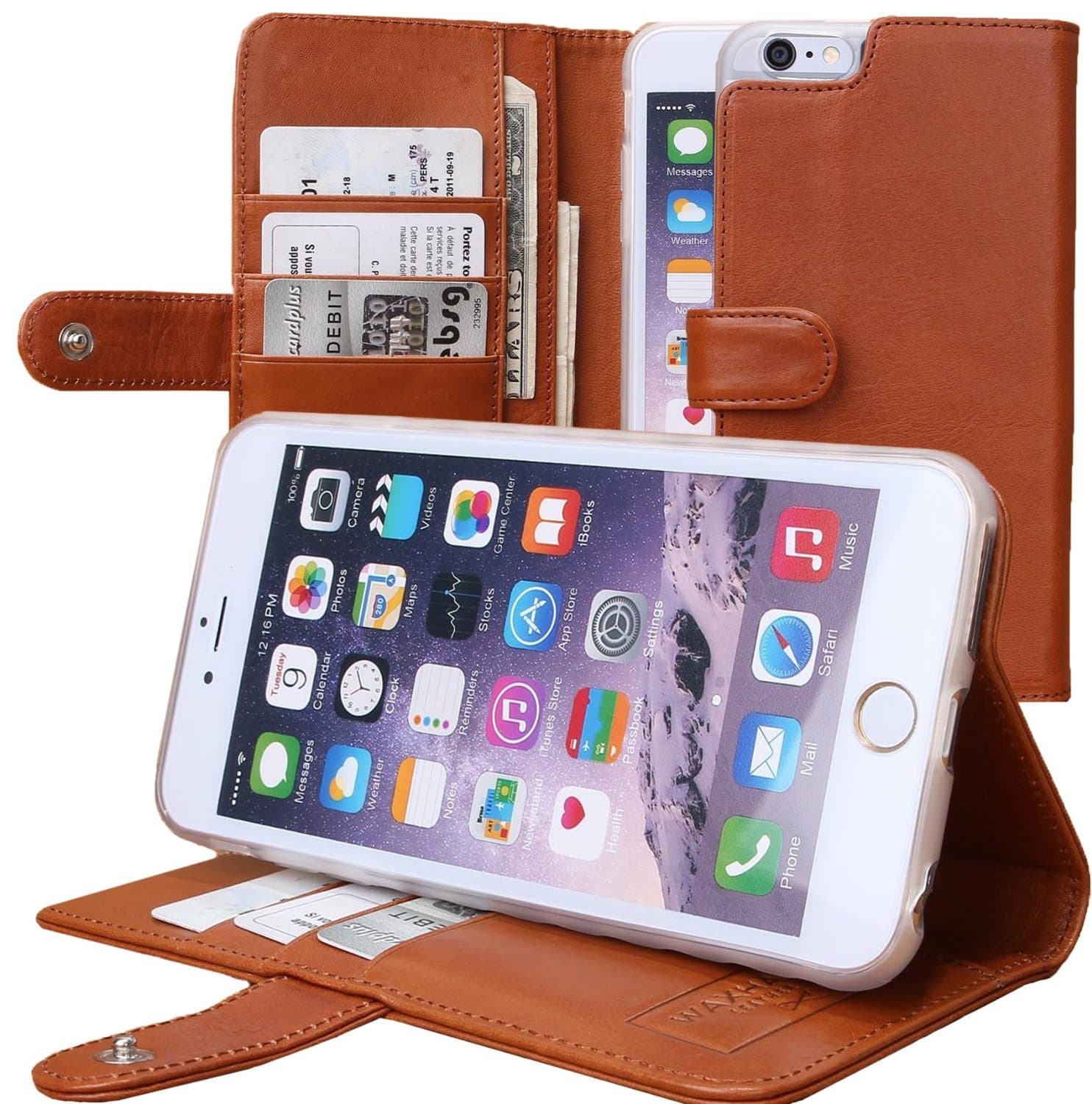 iPhone 6 Plus, 6s Plus Wallet "The Classic" w/ Kickstand & Latch Snap (Whiskey). The Best Full Grain Vegetable Tanned English Bridle Leather From Italy.