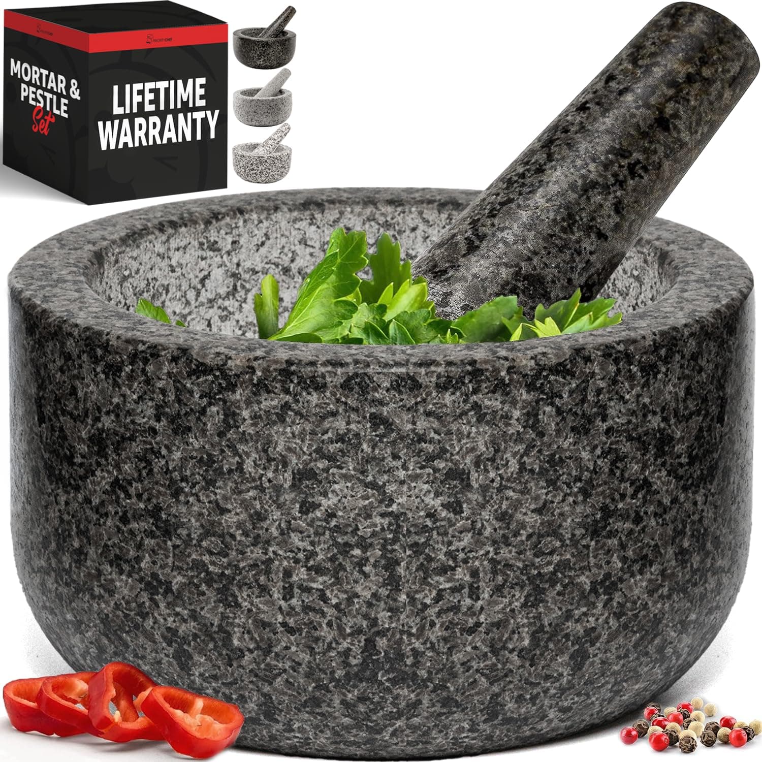 Heavy Duty Extra Large Mortar and Pestle Set, Hand Carved from Natural Granite, Make Fresh Guacamole, Salsa, Pesto, Stone Grinder Bowl, Herb Crusher, Spice Grinder, 4 Cup, Black