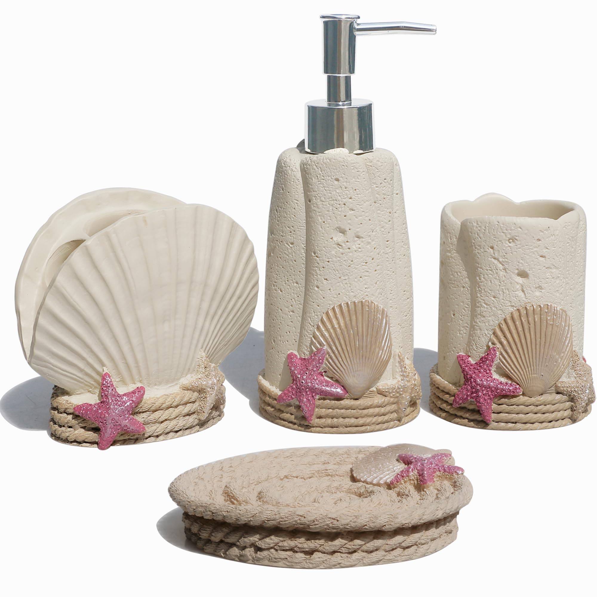 Beach Seastar and Shell Bathroom Accessories Set, 4 PCS Bathroom Decoration, Including Cup, Toothbrush Holders, Soap Dishes and Soap Dispenser, Home and Countertop Vanity Organize, New Home Gift