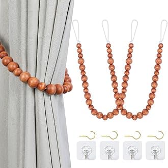 Wood Bead Curtain Tiebacks, KLOGTSIND Set of 2 Curtain Holdbacks for Thin or Thick Window Draperies, Boho Farmhouse Curtain Tiebacks with Hooks, Curtain Tie Backs for Home Office Room Decor