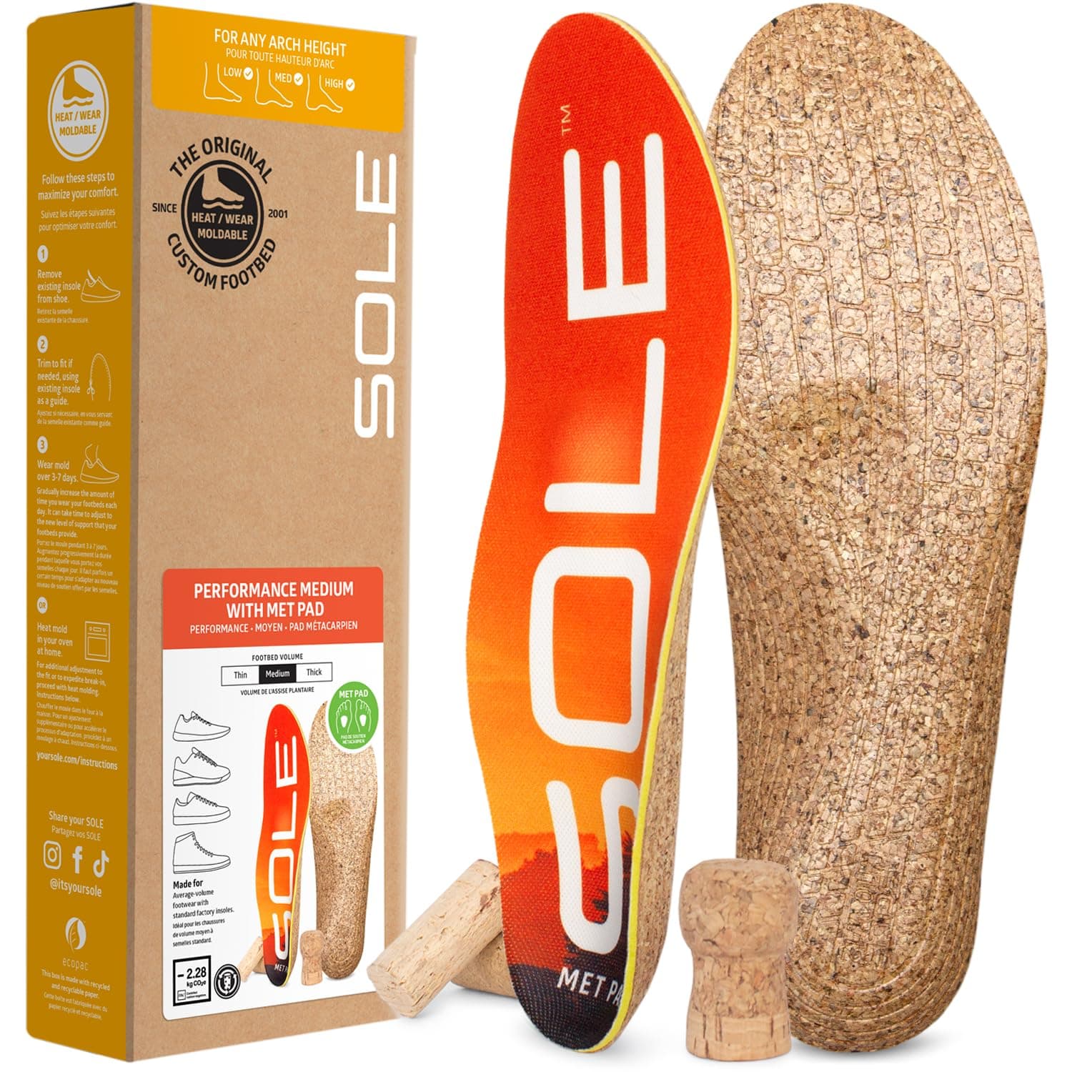 SOLE Performance Medium + Met Pad Insoles - Custom Moldable Orthotic Support for Any Arch Type, Plantar Fasciitis Relief - Mens Size 11/Womens Size 13, 1 Pair