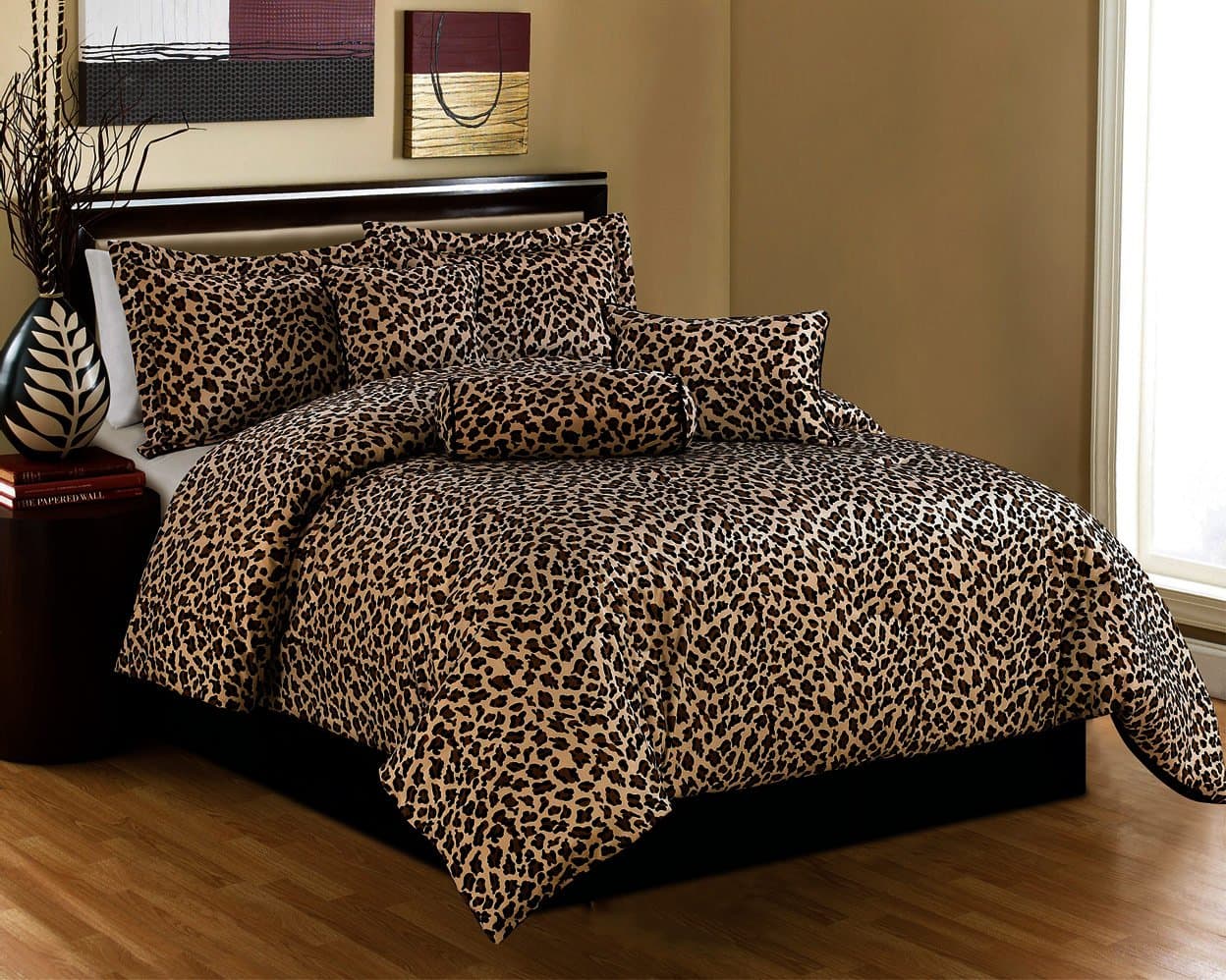 7 Piece Queen Size Bedding Black Brown Comforter Set Leopard Print Bed in A Bag