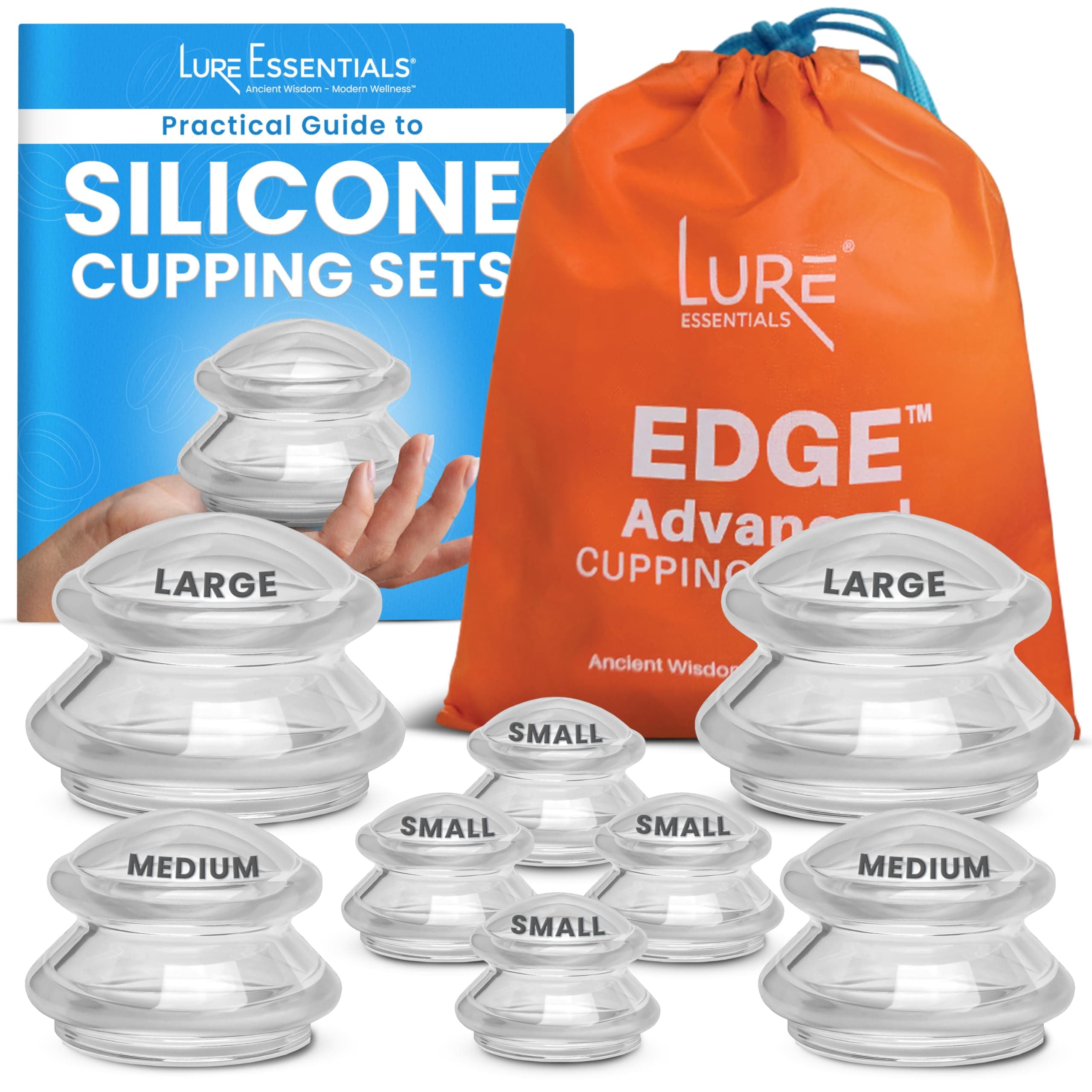 Lure Essentials Edge Silicone Cupping Set, Cupping Kit for Massage Therapy, Long Lasting Cups for Professional & Home Use, Body Sculpt Cup for Cellulite, Ultra Transparent Clear (8 Count)