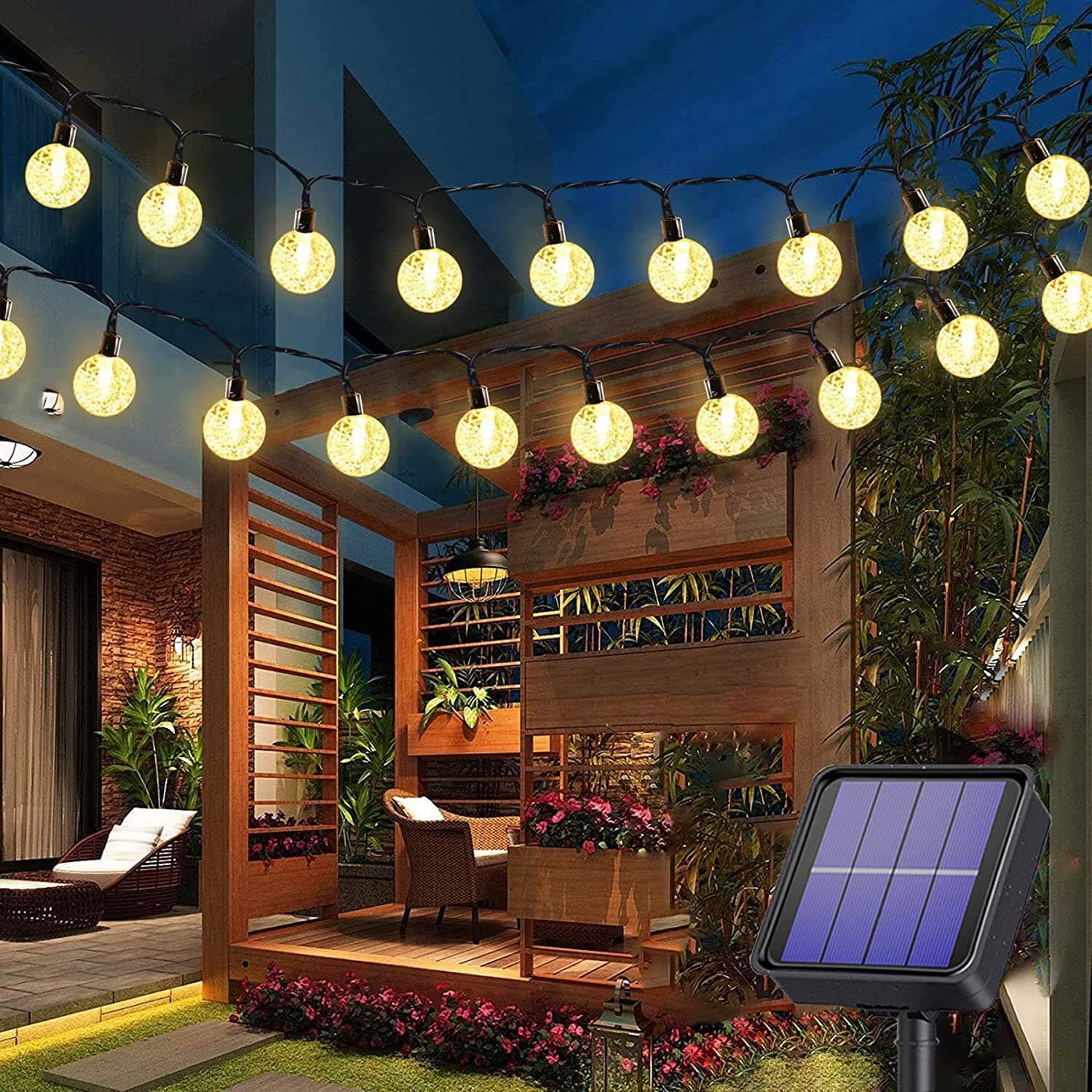 UPOOM Solar Lights Outdoor, 50 LED 7M/24Ft Solar String Lights Waterproof 8 Modes Indoor/Outdoor Fairy Lights for Garden, Patio, Yard, Home, Party, Wedding, Festival Decoration (WarmWhite)