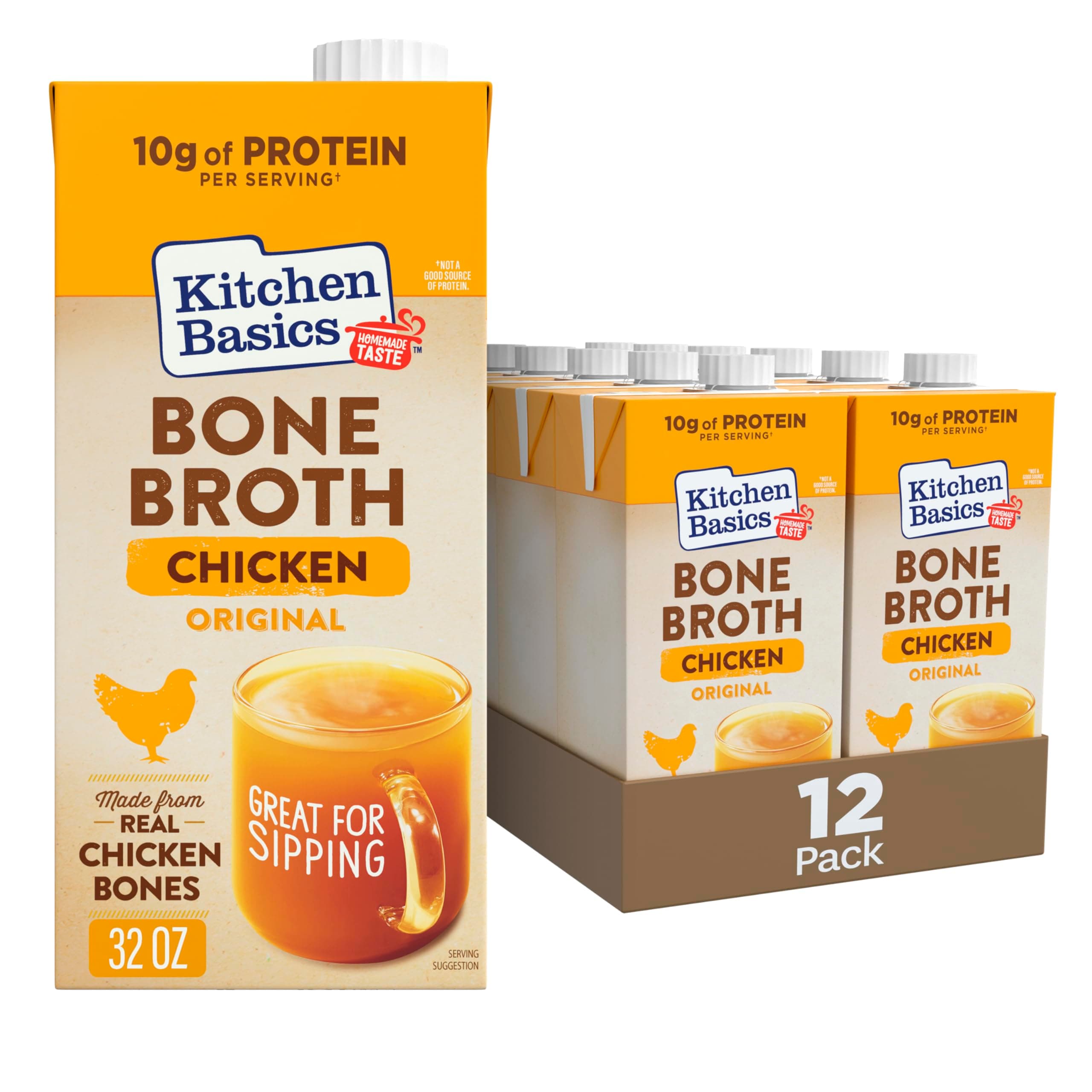 Kitchen Basics Chicken Bone Broth, 32oz (Pack of 12) - Perfect for Adding Flavor to Recipes and Stocking Up