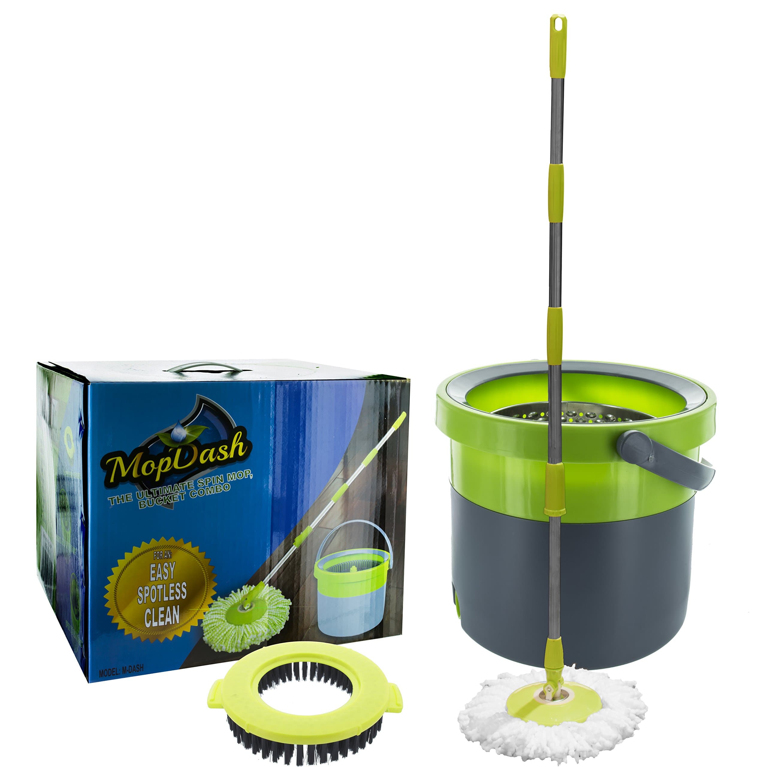 MopDash Space Saving Spin Mop and Bucket, No Foot Pedal Needed. With Scrub Brush Included. (Plastic)