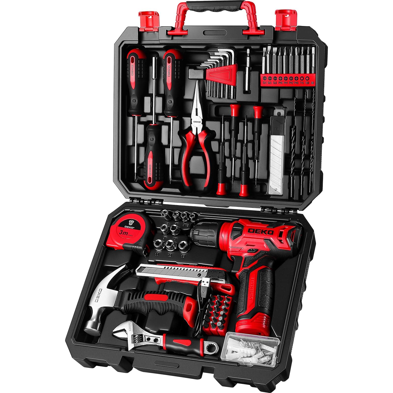 8V Red Cordless Drill Tool Set, Home Tool Kit with Drill, Hand Tool Kits for Women, 126 Pieces
