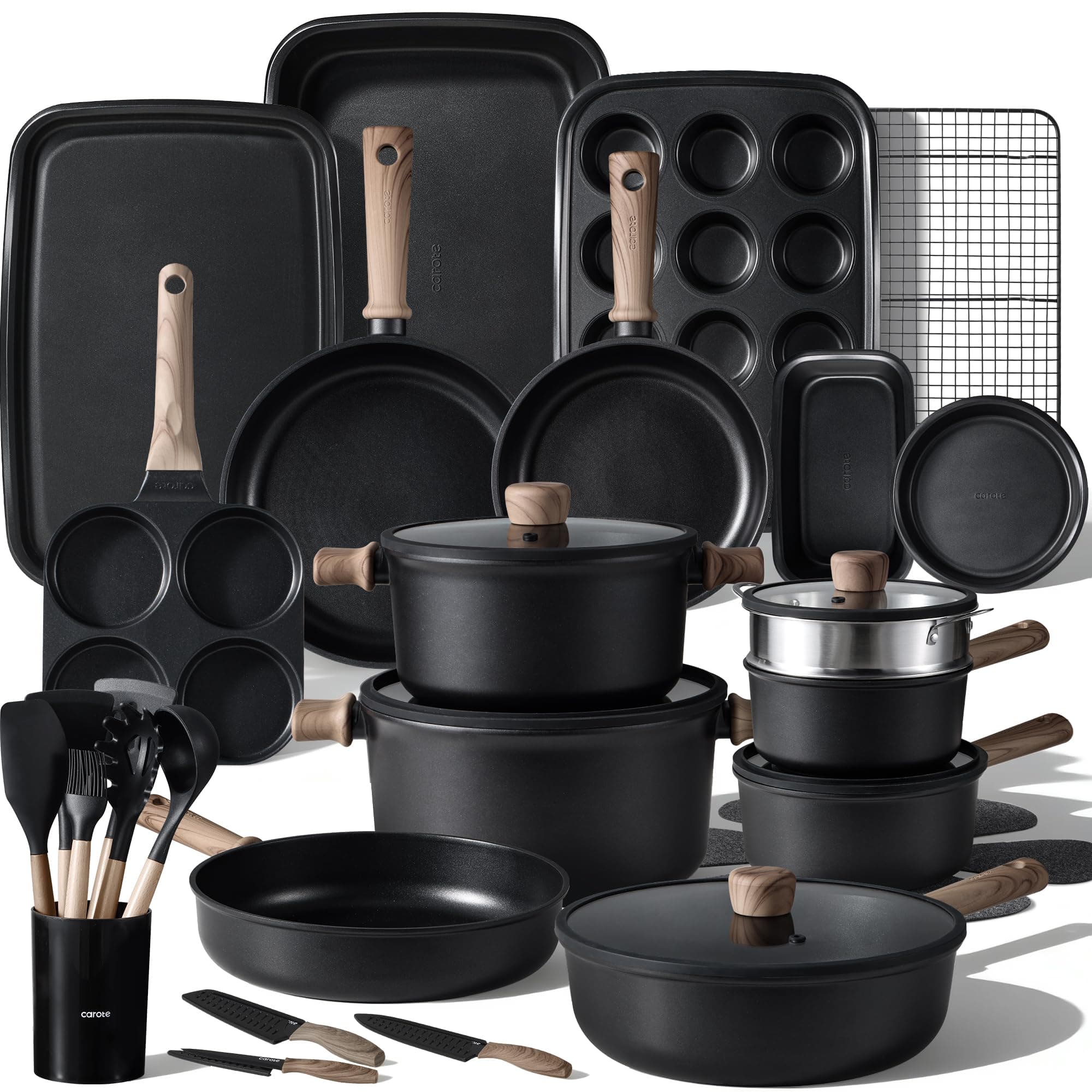 44pcs Nonstick Kitchen Cookware Sets, Nonstick Pots and Pans, Induction Cookware Set Kitchen Cooking Sets, Non Stick w/Frying Pan,Black