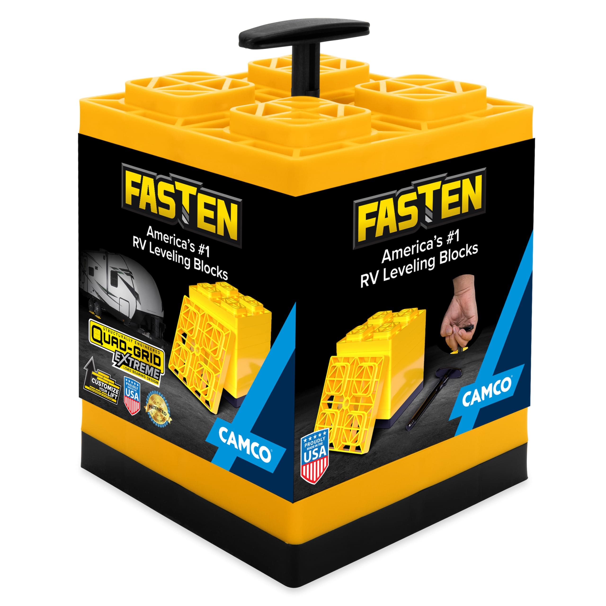 Camco FasTen 2x2 Leveling Block For Single Tires, Interlocking Design Allows Stacking To Desired Height, Includes Secure T-Handle Carrying System, Yellow (Pack of 10)