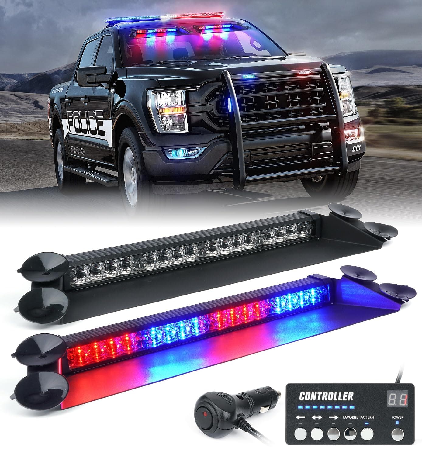 LUMENIX LED Emergency Dash Strobe Lights Bar w/Controller Windshield Visor Safety Warning Traffic Caution Lightbar Deck Split Flashing Light for Police Cop Patrol Vehicles Trucks - Red Blue