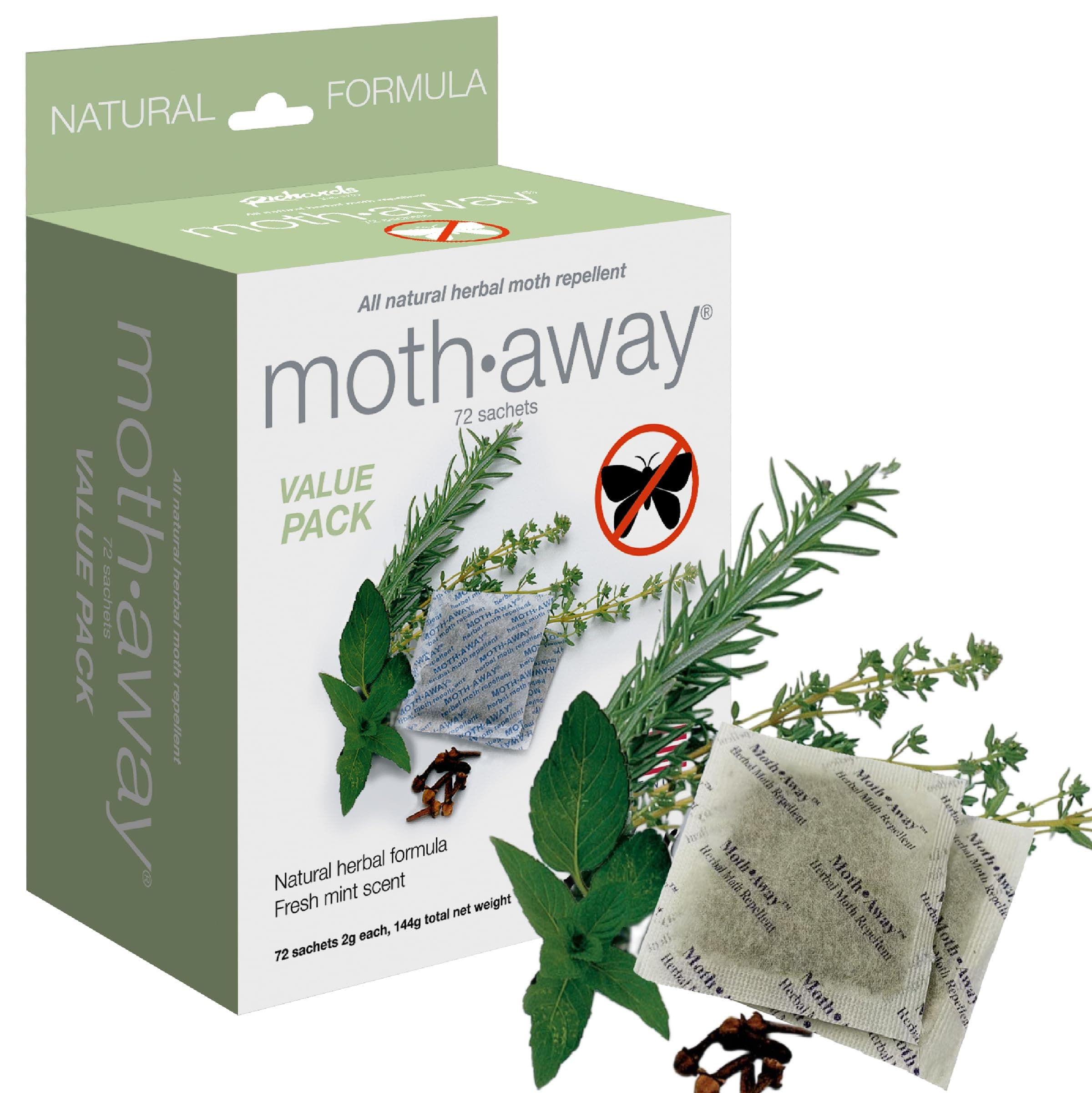 Moth Away Herbal Repellent Sachets – 72 Count Value Pack – 100% Natural Ingredients – Peppermint, Rosemary & Thyme – Non-Toxic Moth Protection for Closets, Drawers & Storage – Made in USA