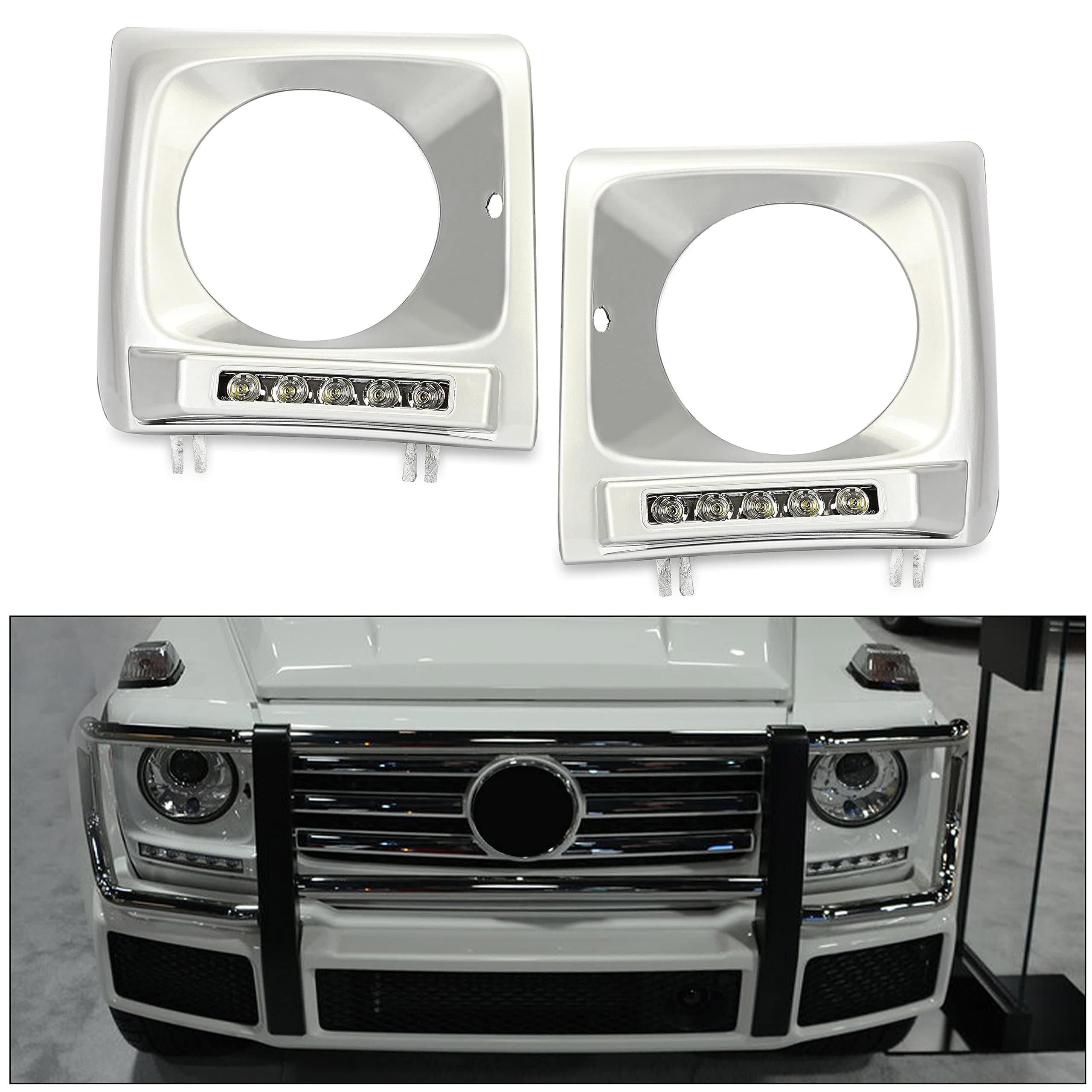 Kojem Pair Headlight Bezels w/LED DRL Compatible with 1990-2018 Mercedes Benz G-Class W463 G500 G63 G55 AMG Headlamp Bezel Front Light Lamp Cover Bezel Trim Silvery