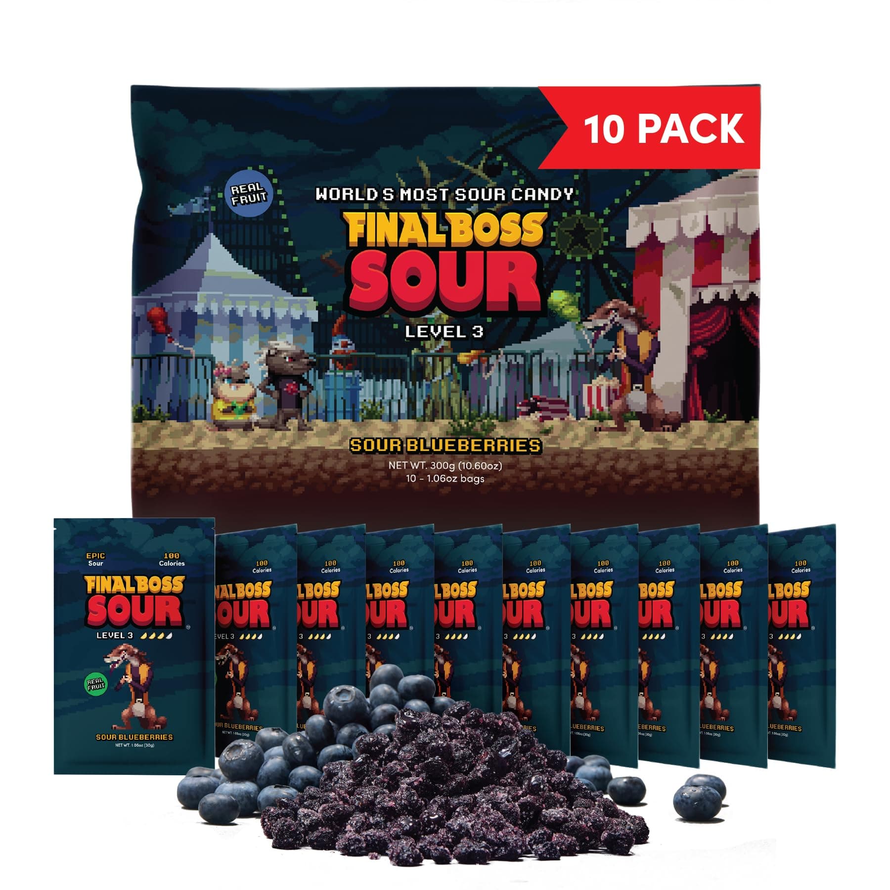 Final Boss Sour Candy, Sour Blueberries, 10 Pack, Level 3, Fruit Chews with Real Dried Fruit, No Artificial Colors or Flavors, Low Calorie Snack for Kids, Teens, Adults, Lunch Boxes