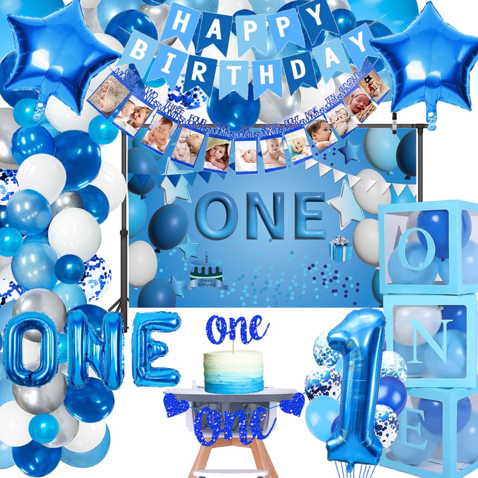 149 Pcs Boys 1st Bday Decorations Blue One Balloons Backdrop Boys One Year Old Birthday Balloons Garlands Arch Kit with Balloons Boxes for Boys First Birthday Baby Shower Party Supplies Decorations