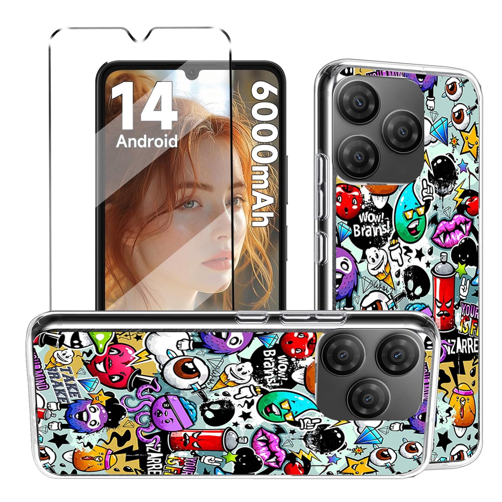 2-in-1 Case Compatible with Blackview WAVE 8C/ Blackview WAVE 8 / OSCAL FLAT 2 / OSCAL FLAT 2C Cover with 1 Pack Tempered Glass Screen Protector for Blackview Wave 8C, Slim Fit Soft Phone Case - XS40