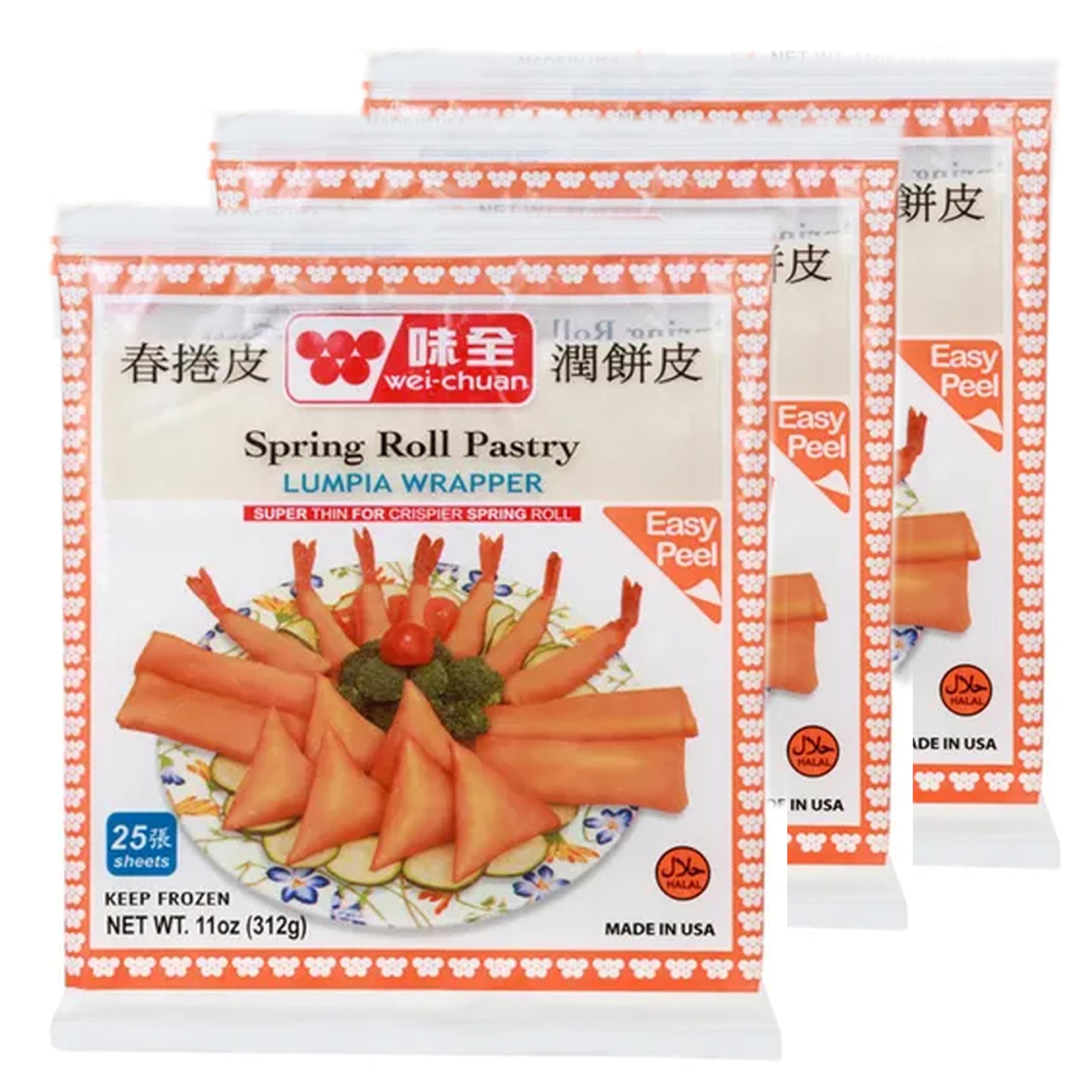 Wei-Chuan 3 Packs Lumpia Wrapper Spring Roll Pastry Wrappers, 11 oz per Pack, 25 Sheets per Pack, Halal Certified, Made in USA