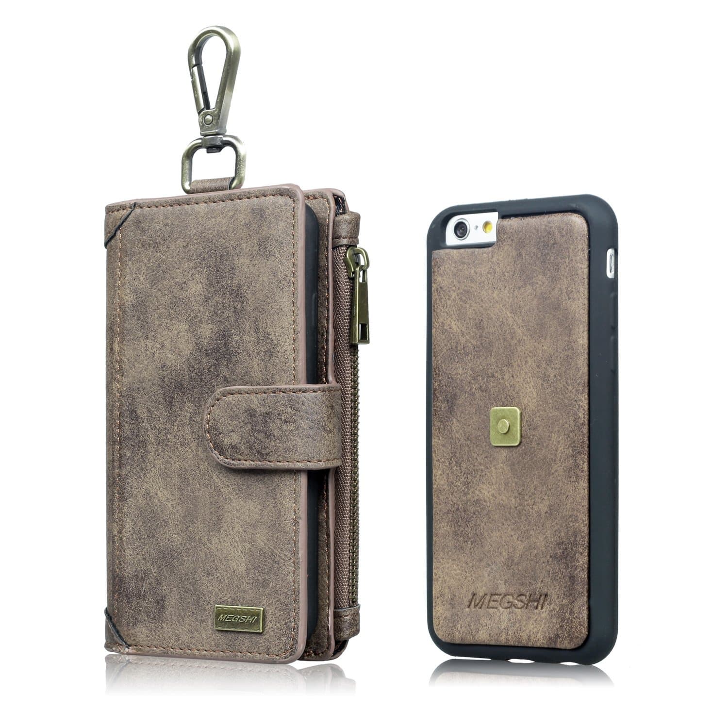 iPhone 7 Plus / 8 Plus Wallet Case, MEGSHI Slim Fit Premium Leather Card Slots Shockproof Folio Flip Protective Zipper Purse Magnetic Detachable Case for Apple iPhone 7 Plus/ 8 Plus, 5.5 inch, Brown