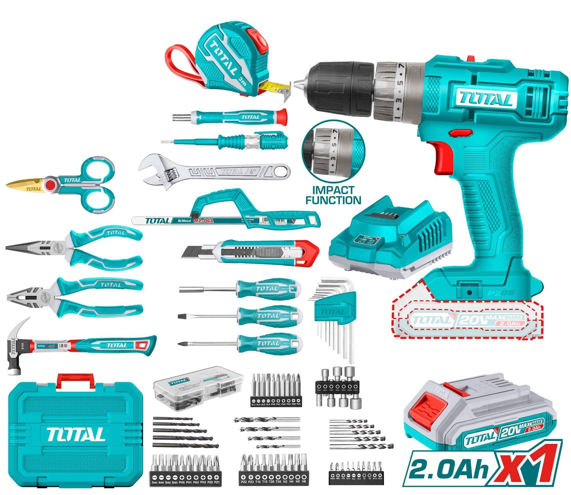 Super Total 165-Piece Tool Set with 20V Cordless Impact Drill, Battery & Charger - Complete Home Repair & DIY Kit with Screwdrivers, Wrenches, Pliers, Drill Bits & More - THKTHP11652