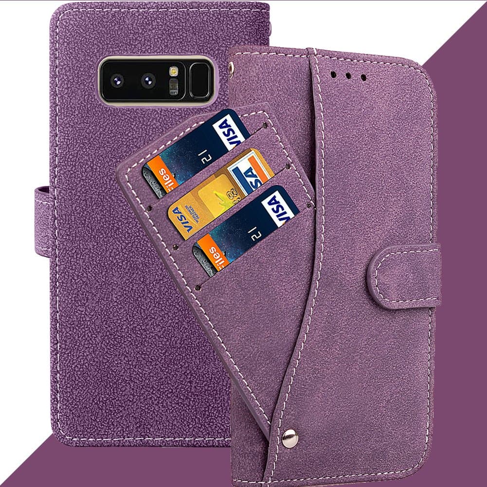 Wallet Leather Flip Case for Samsung Galaxy Note 8, Nubuck Leather with 3+3 Card Slots & Kickstand, Premium PU Leather with Soft TPU, 360 Full Body Protective Magnetic Folio Cover for Note 8 - Purple