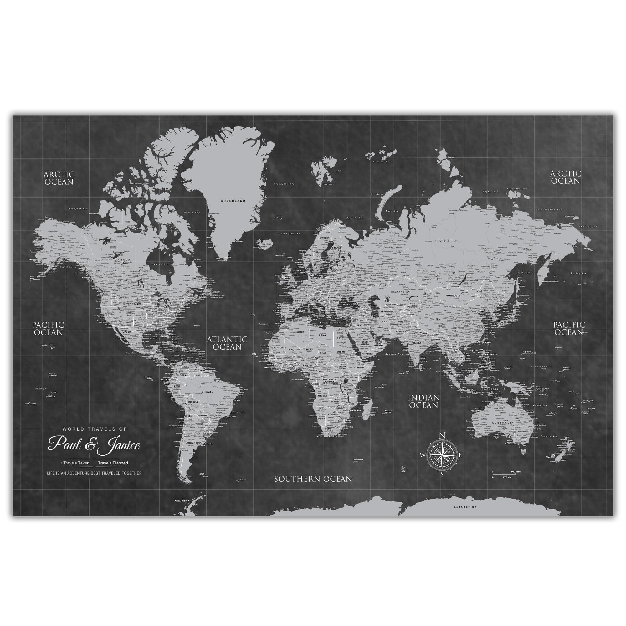 Grey World Push Pin Map