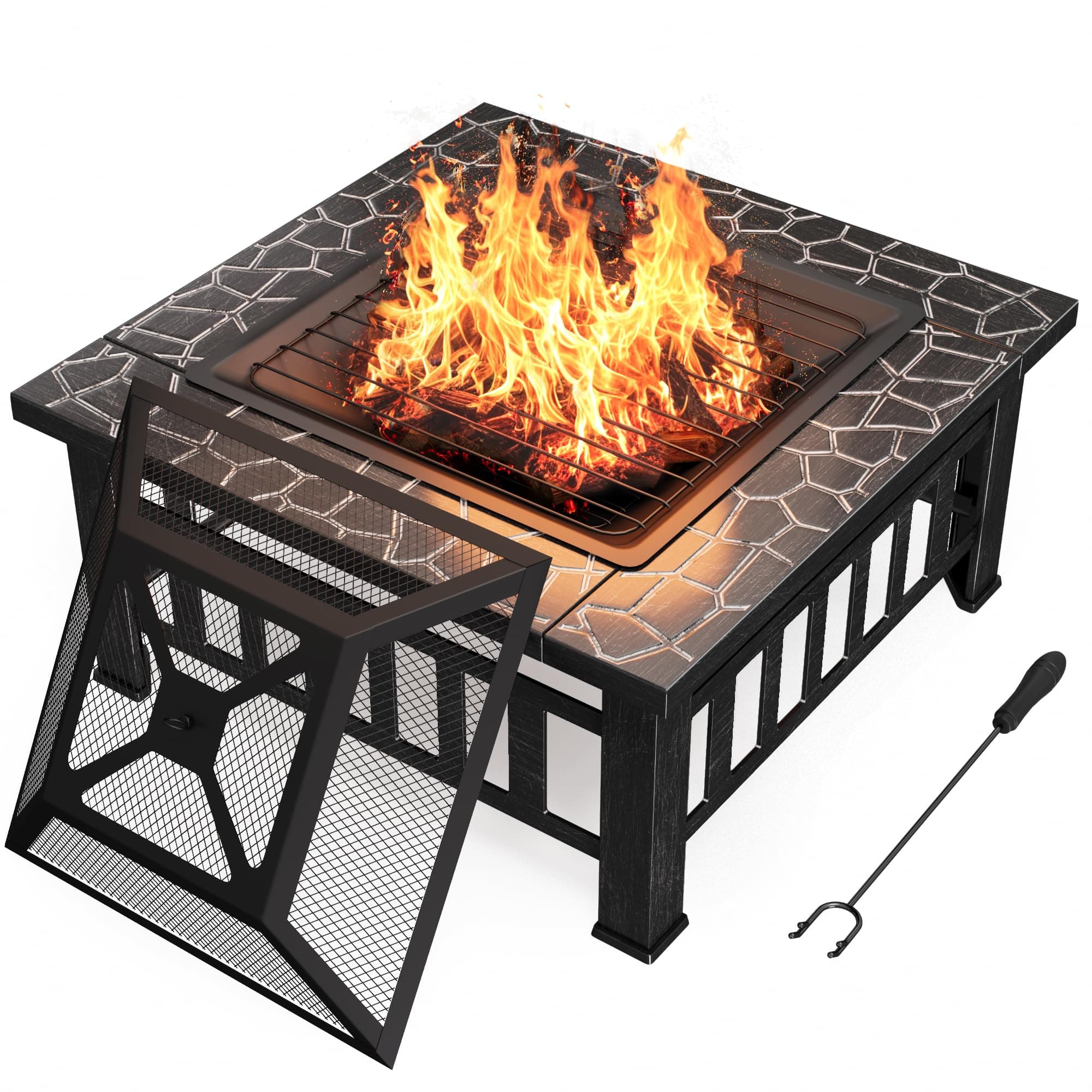 Devoko Outdoor Fire Pit, 32 Inch Firepit Table Metal Outdoor Fireplaces with Waterproof Cover for Outside Patio Camping (Silver)