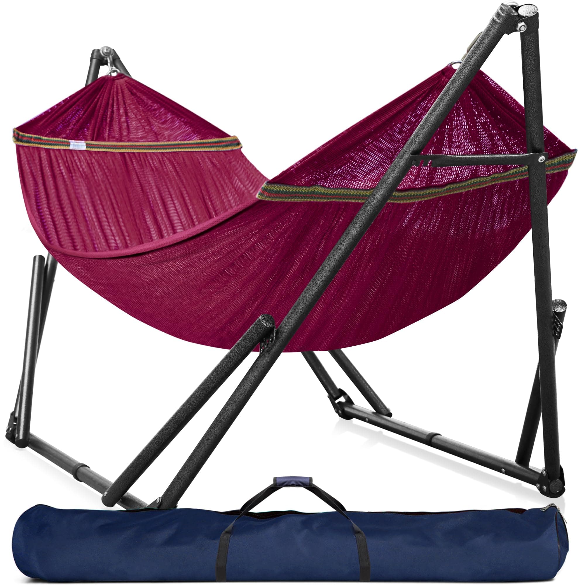 Universal Double Hammock with Stand Included for 2 Persons/Foldable Hammock Stand 600 lbs Capacity Portable Case - Inhouse, Outdoor, Camping, Red
