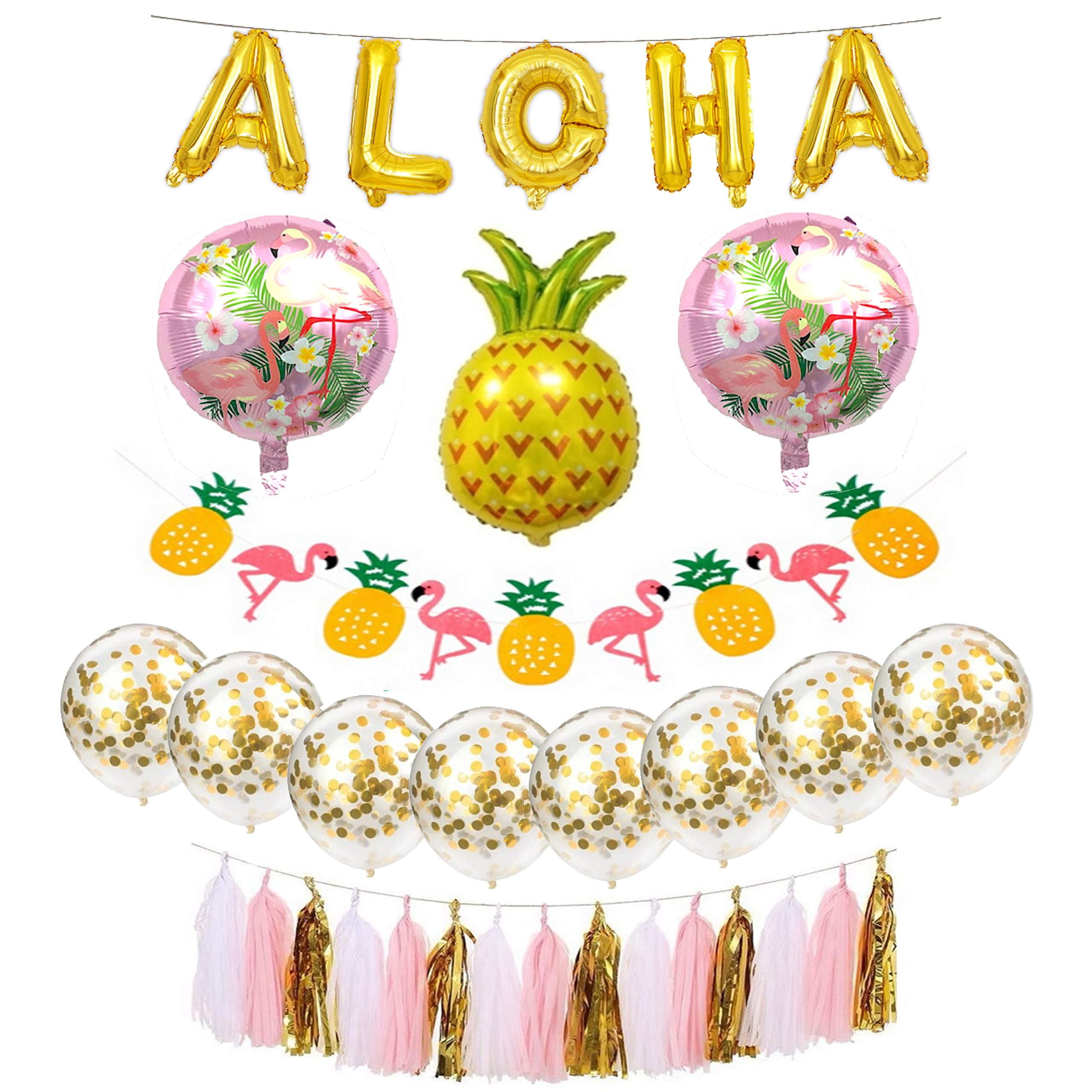 Hawaiian Party Decorations Pack for Beach Party - Aloha Party Decorations Banner, Gold Confetti Balloons (40)