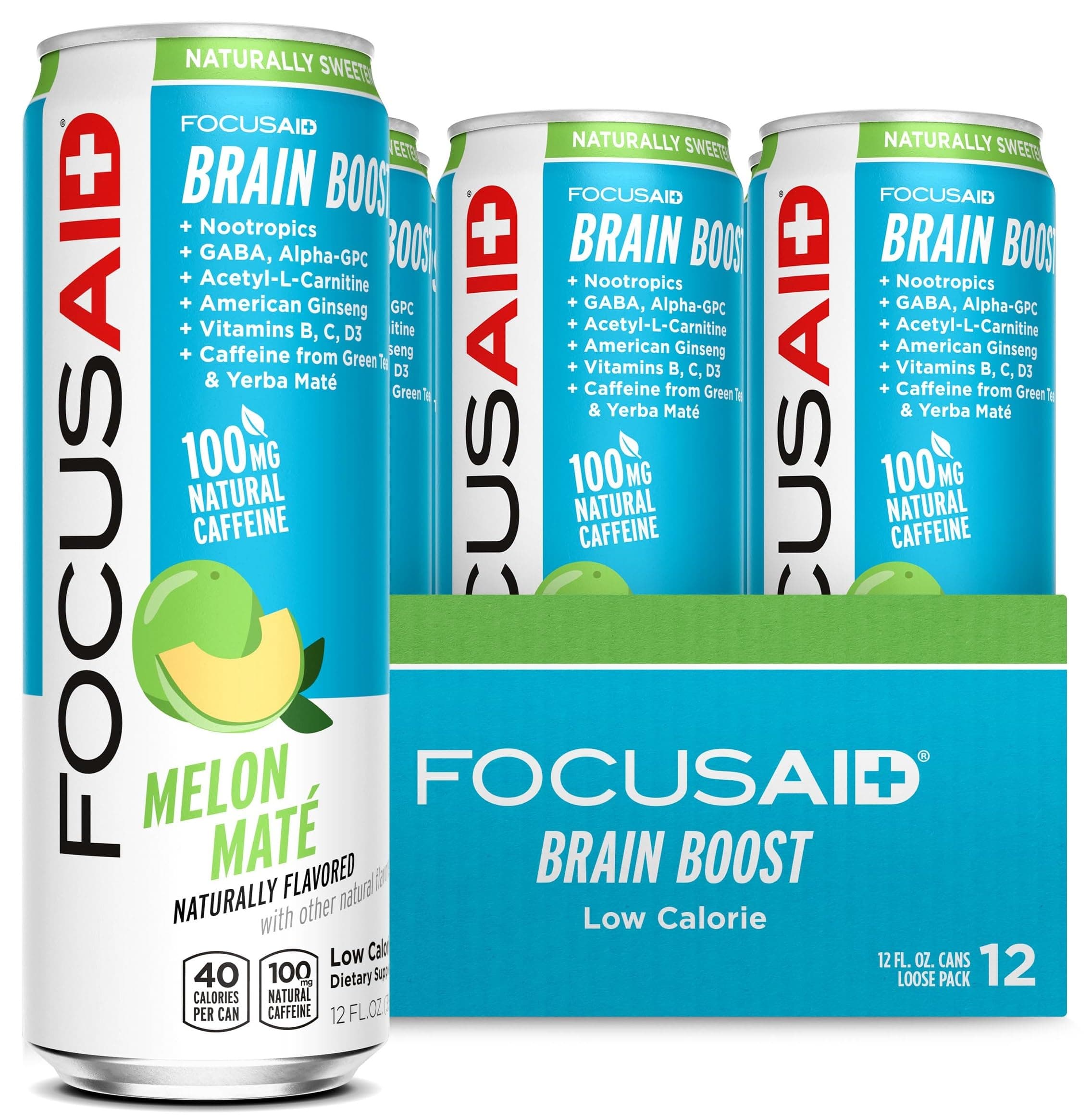 FOCUSAID Energy Blend, Brain Boosting Nootropics Drink, Alpha-GPC, GABA, B-Complex, Yerba Mate, Green Tea, 100% Clean, 100mg Natural Caffeine, 12-oz. can, 12 Pack