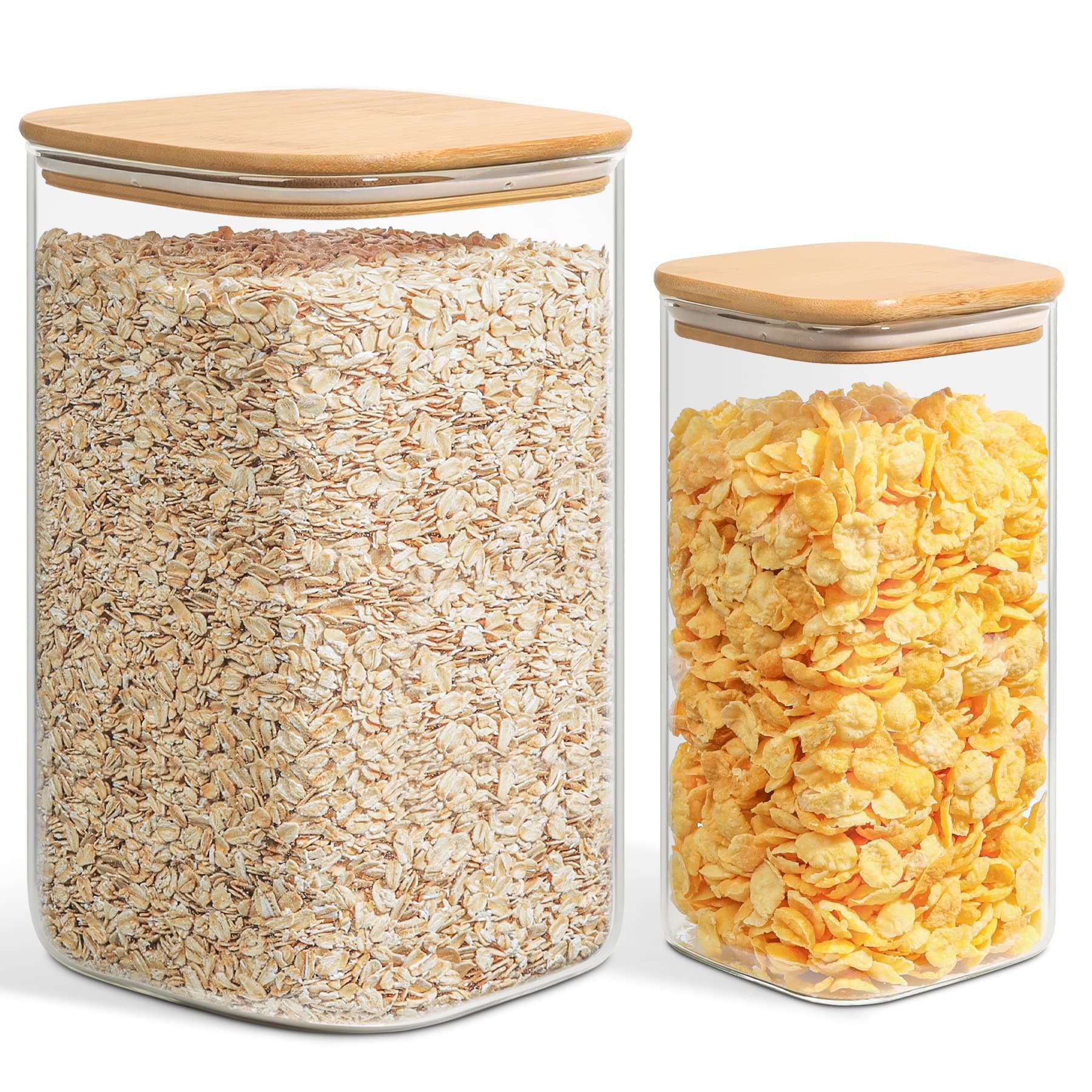 ComSaf1500 ml / 4600 ml Storage Jars with Lid, Set of 2, Diameter 15 cm, Biscuit Jars, Square Storage Jars with Lid, Airtight Wood, Decorative Storage Jars for Kitchen, for Rice, Pasta, Oats,