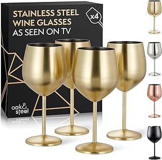 Oak & Steel - 4 Elegant Gold Stainless Steel Wine Glasses, 540ml - Unbreakable Wine Goblet Balloon Glass Gift Set, for Home Bar, Weddings, Anniversary, Birthday Party