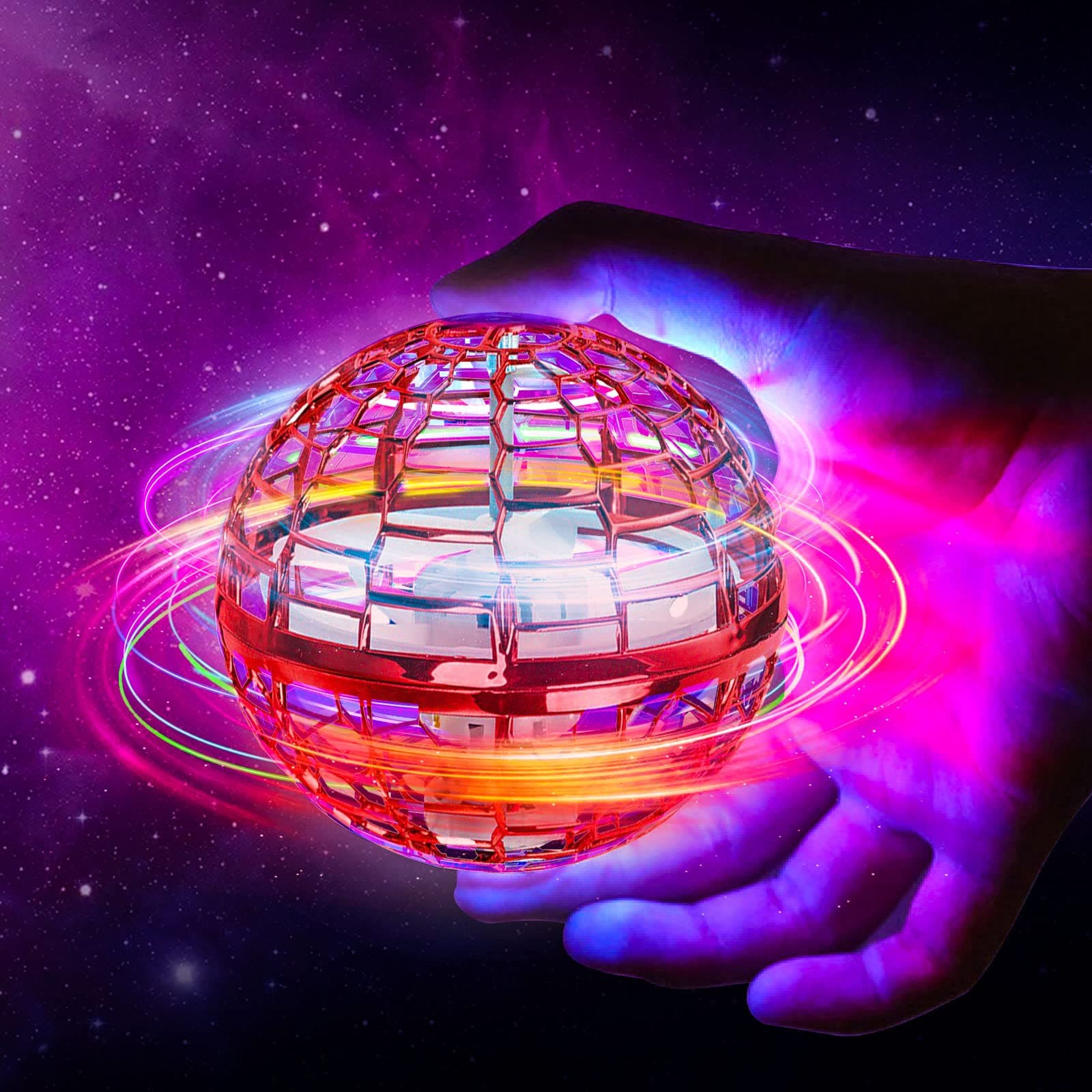 Flying Ball Toys, Flying Orb Hover Ball, 360° Rotating Cool Fidget Toys, Mini Drone Flyorb Toy with Built-in RGB Light Gift Safe for Kids Adults Magic Flying Toys Indoor (Red)