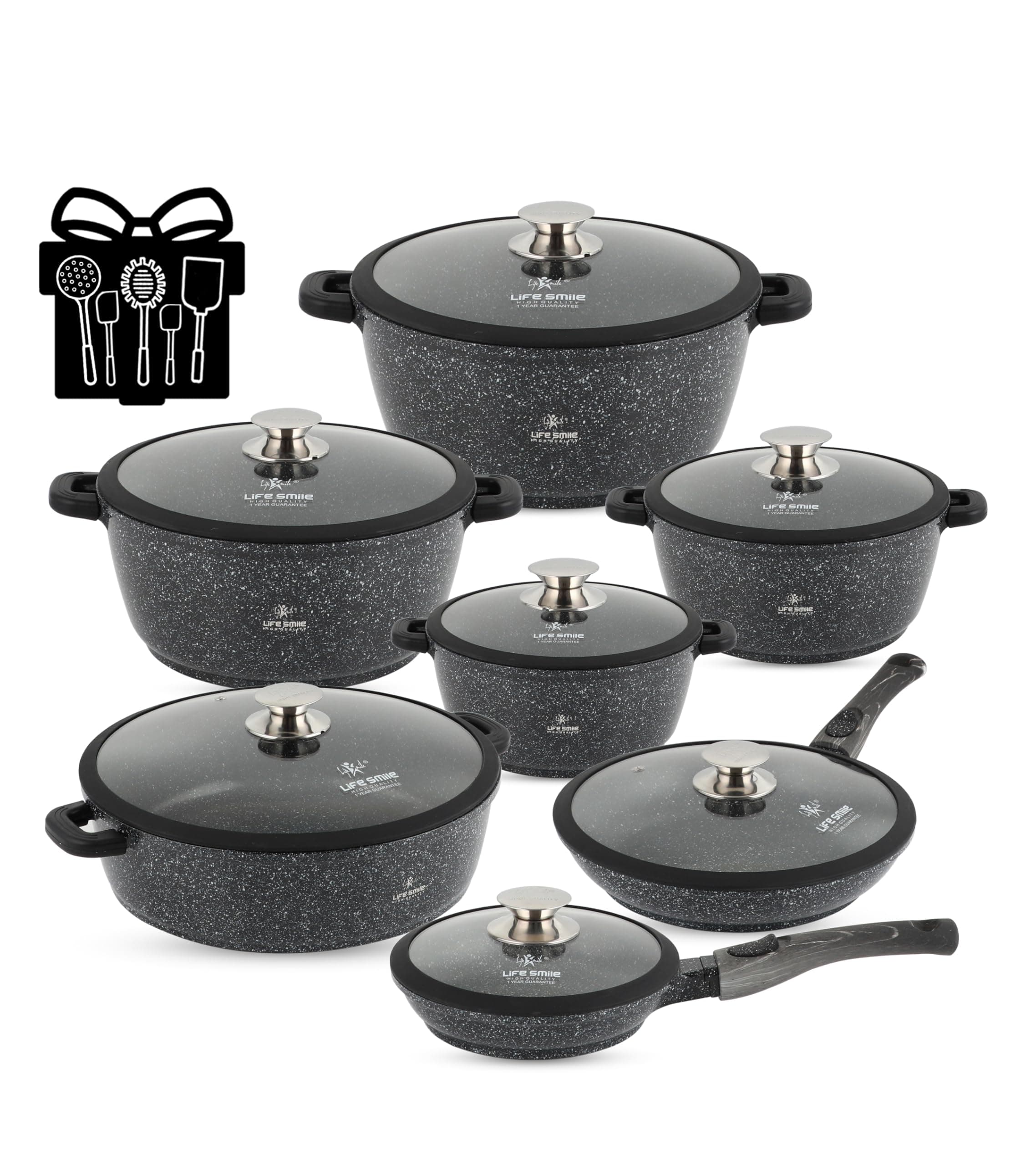 LIFE SMILE Cookware Set - Pots and Pans set Granite Non Stick Coating 100% PFOA FREE, Induction Base Cooking Set with Removable Silicone Handles - Oven Safe (Black, 29 Pieces)