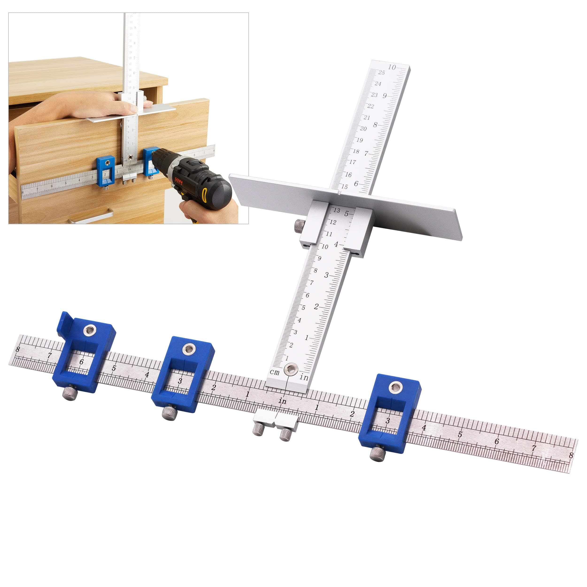 YIZRIO Cabinet Hardware Jig for Handles and Knobs - Drawer Guide Jig on Doors and Drawer Fronts - Fastest and Most Accurate Drawer Knob Pull Drilling Templates Jig Tool- Improve for inch Scale