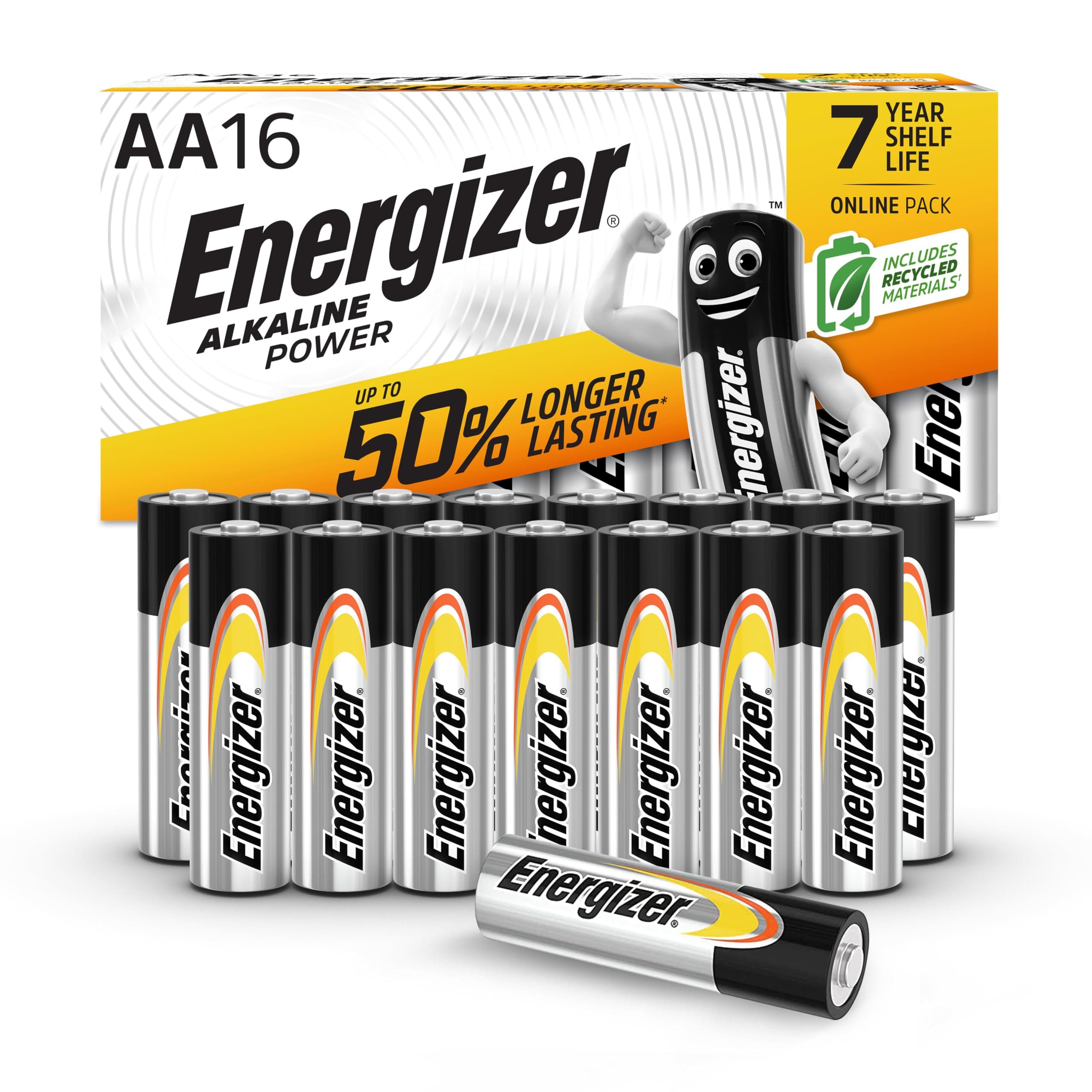 Energizer Alkaline Power - AA Batteries (16 Pack) - Double A Battery 1.5V - Up To 50% Longer Lasting - For Everyday Devices - 100% Recyclable Packaging - 7 Year Shelf-Life [Amazon Exclusive]