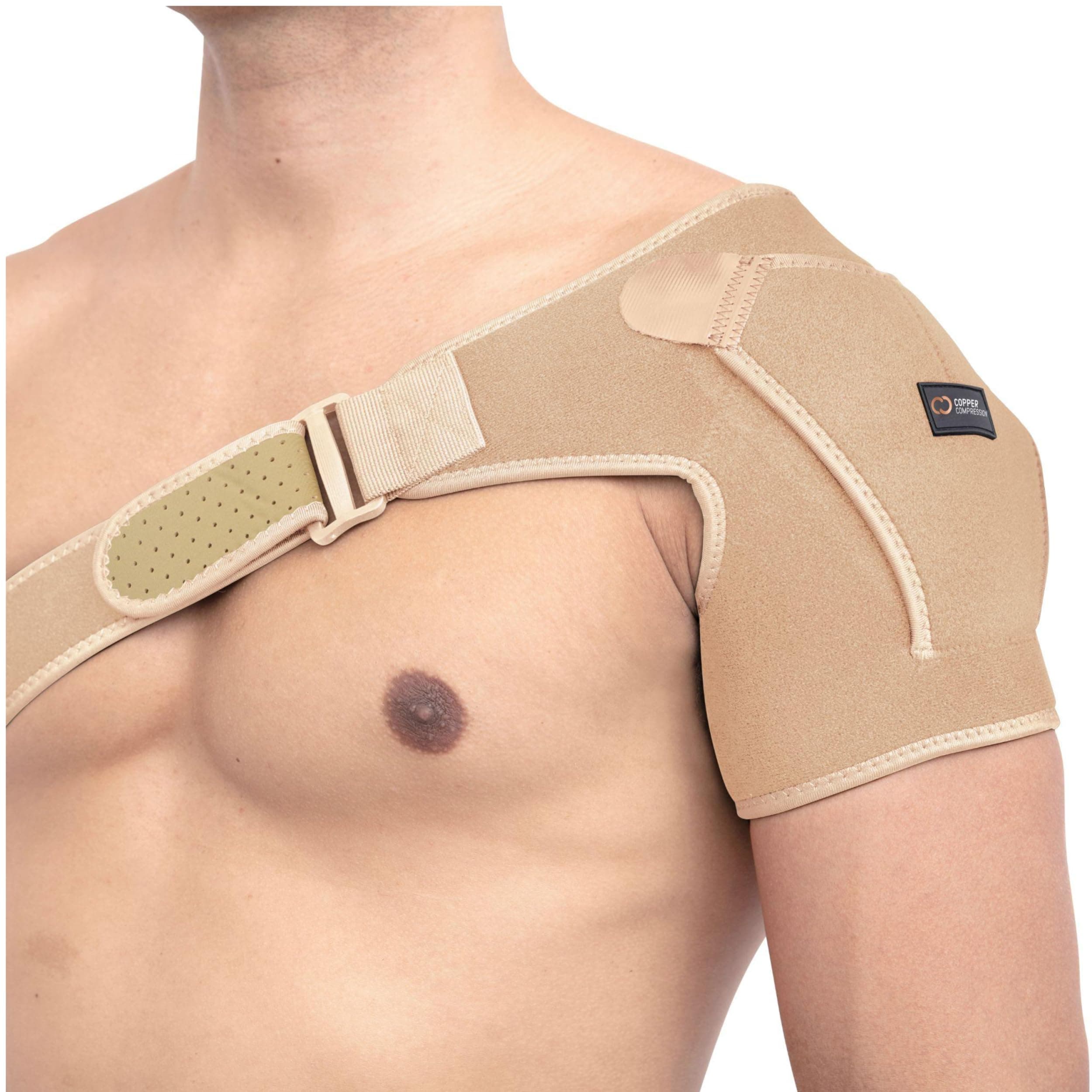 Copper Compression Recovery Shoulder Brace - Immobilizer for Torn Rotator Cuff, AC Joint Pain Relief, Dislocation, Arm Stability, Injuries, Tears - Adjustable Fits Men, Women - Tan - One Size - S/M