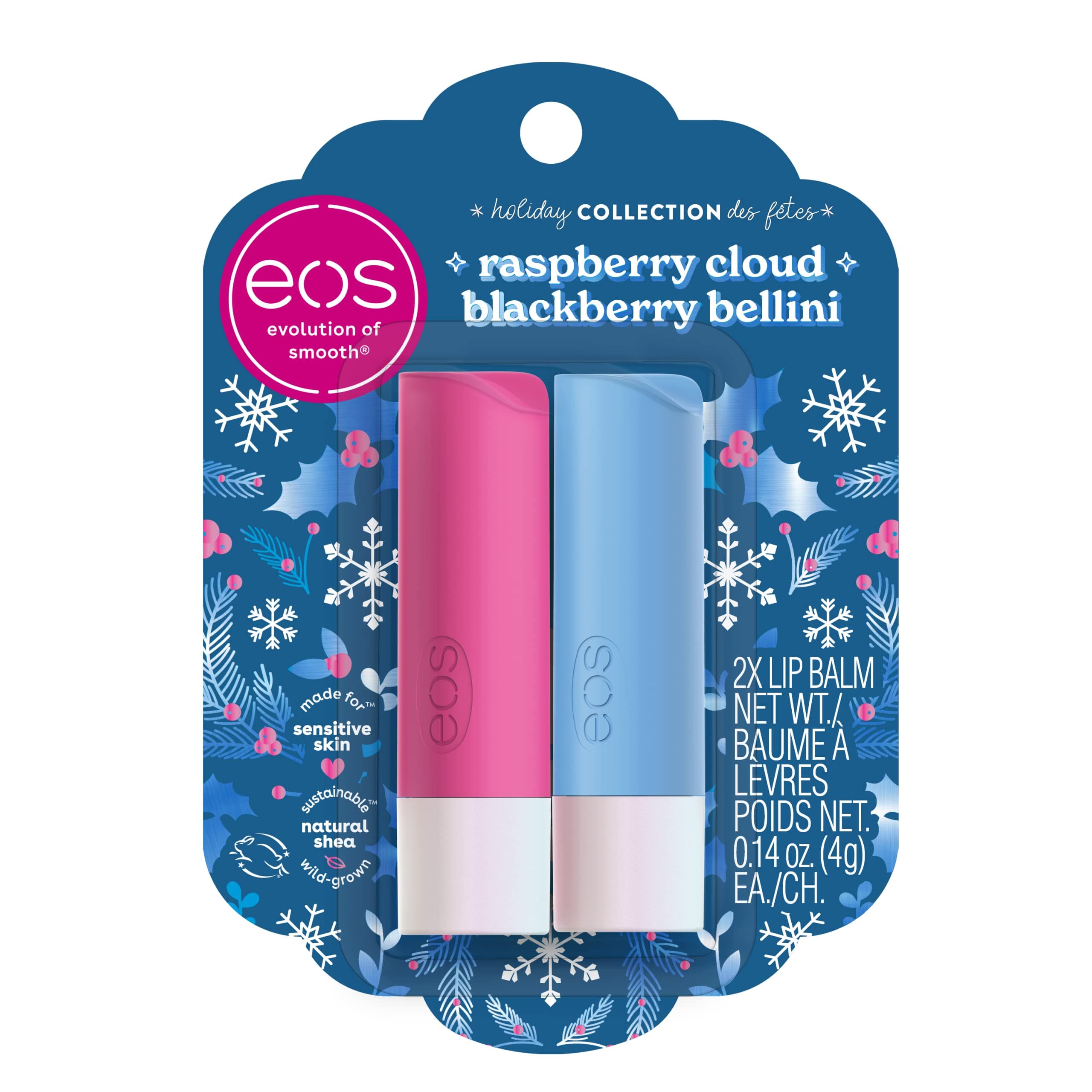EOS Limited Edition Holiday Lip Balm, Raspberry Cloud & Blackberry Bellini, All-Day Moisture, Made for Sensitive Skin, 0.14 oz, 2-Pack, Clear