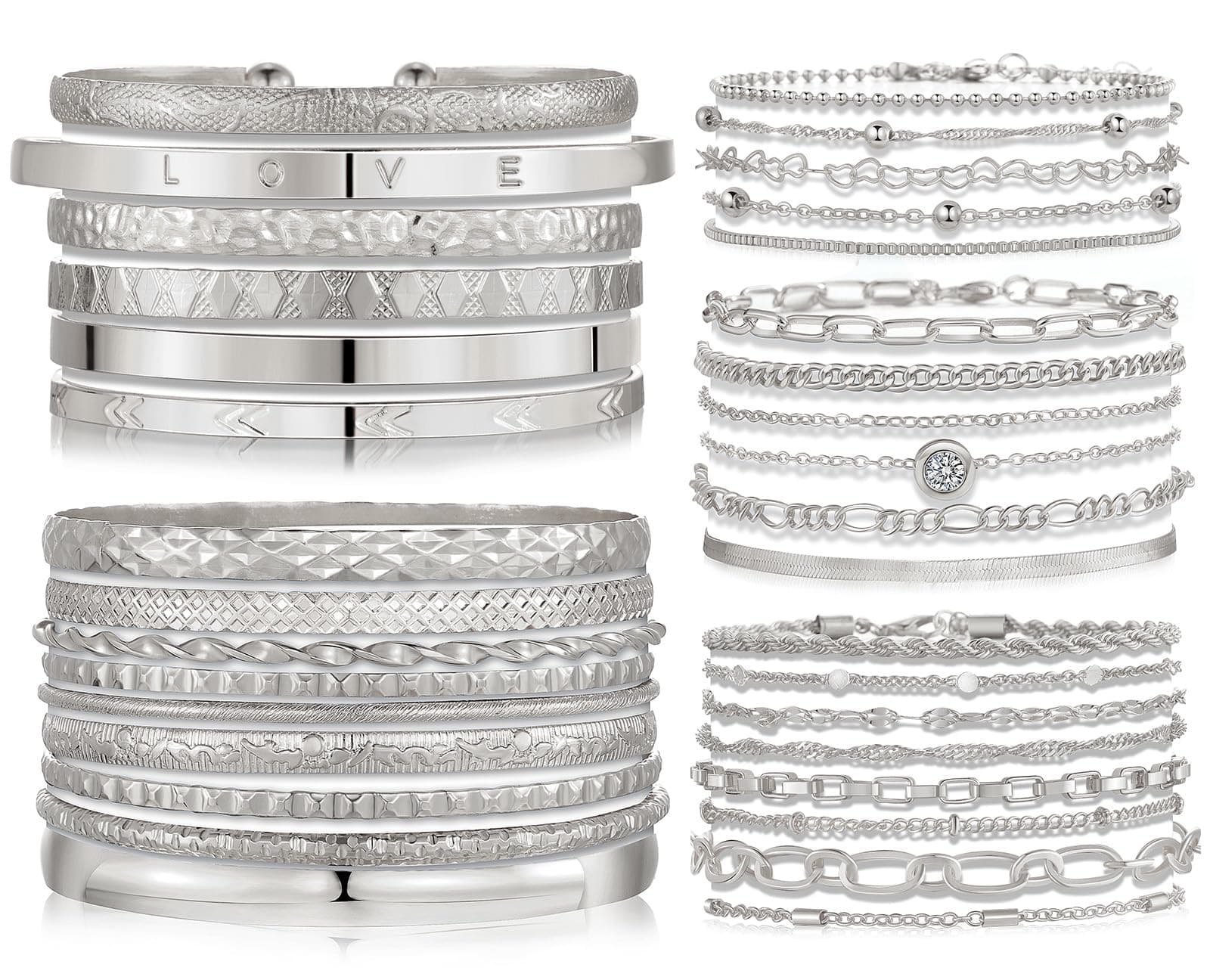 IFKM 5 PACK (35 PCS) Silver Chain Bangles Bracelets Set for Women, Silver Multiple Layered Stackable Open Cuff Bangle Anklet Bracelet Trendy Elegance Link Beads Italian Boho Cuban Jewelry for Women Gift