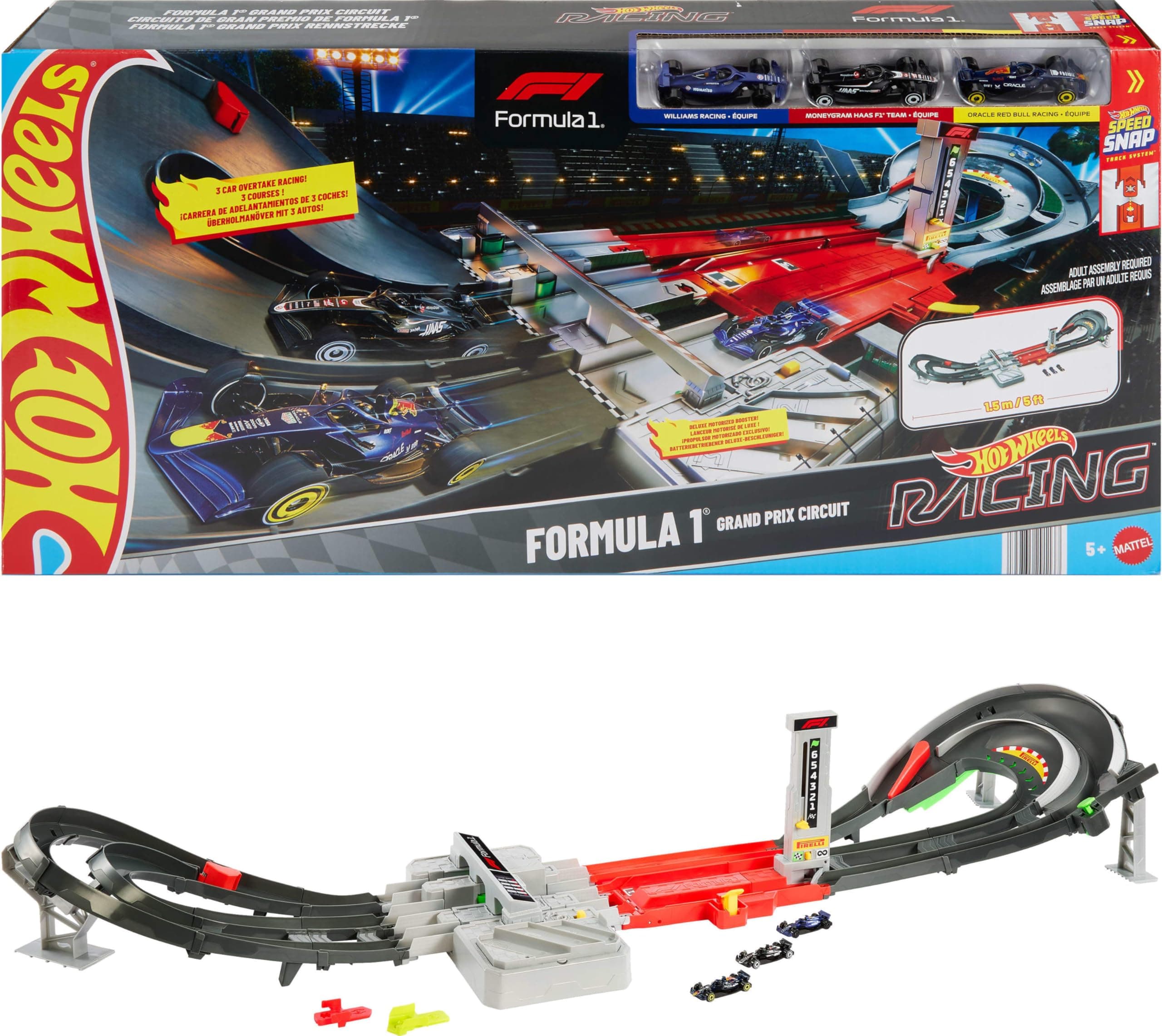 Formula 1 Grand Prix Circuit Set with 3 1/64 scale cars, two racing modes with a motorized thruster, JLB13