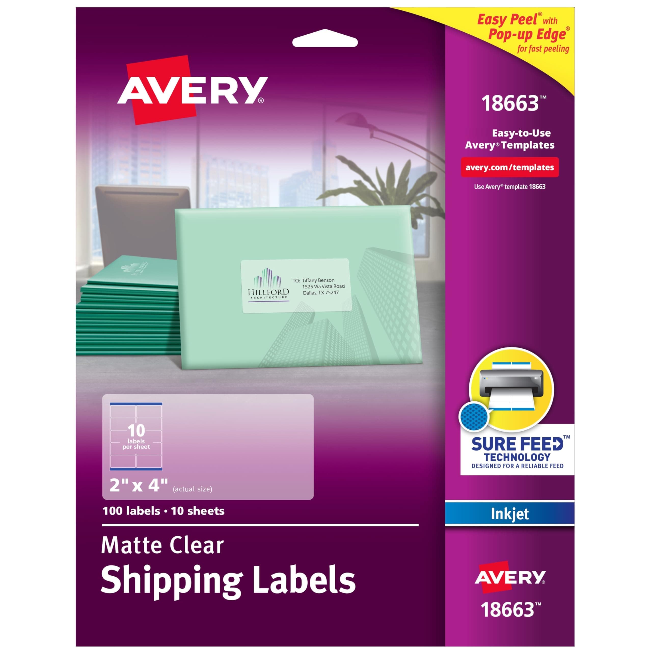 Avery Printable Shipping Labels with Sure Feed, 2" x 4", Matte Clear, 100 Blank Mailing Labels (18663)