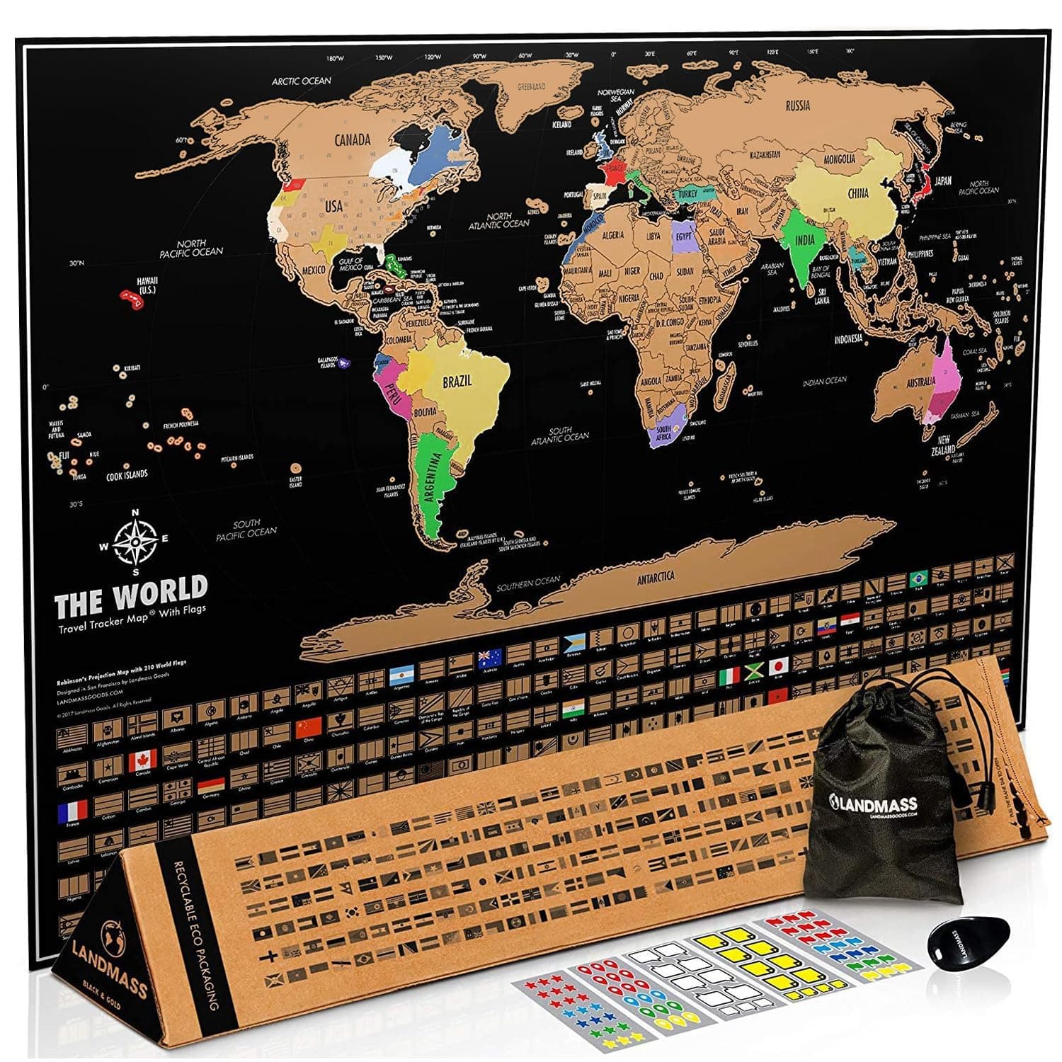 Landmass Scratch Off World Map, Deluxe Travel Tracker with Flags, Detailed Cartography, Gift Idea for Travelers, Wall Art, Home or Office Decor, 17x24 Inches