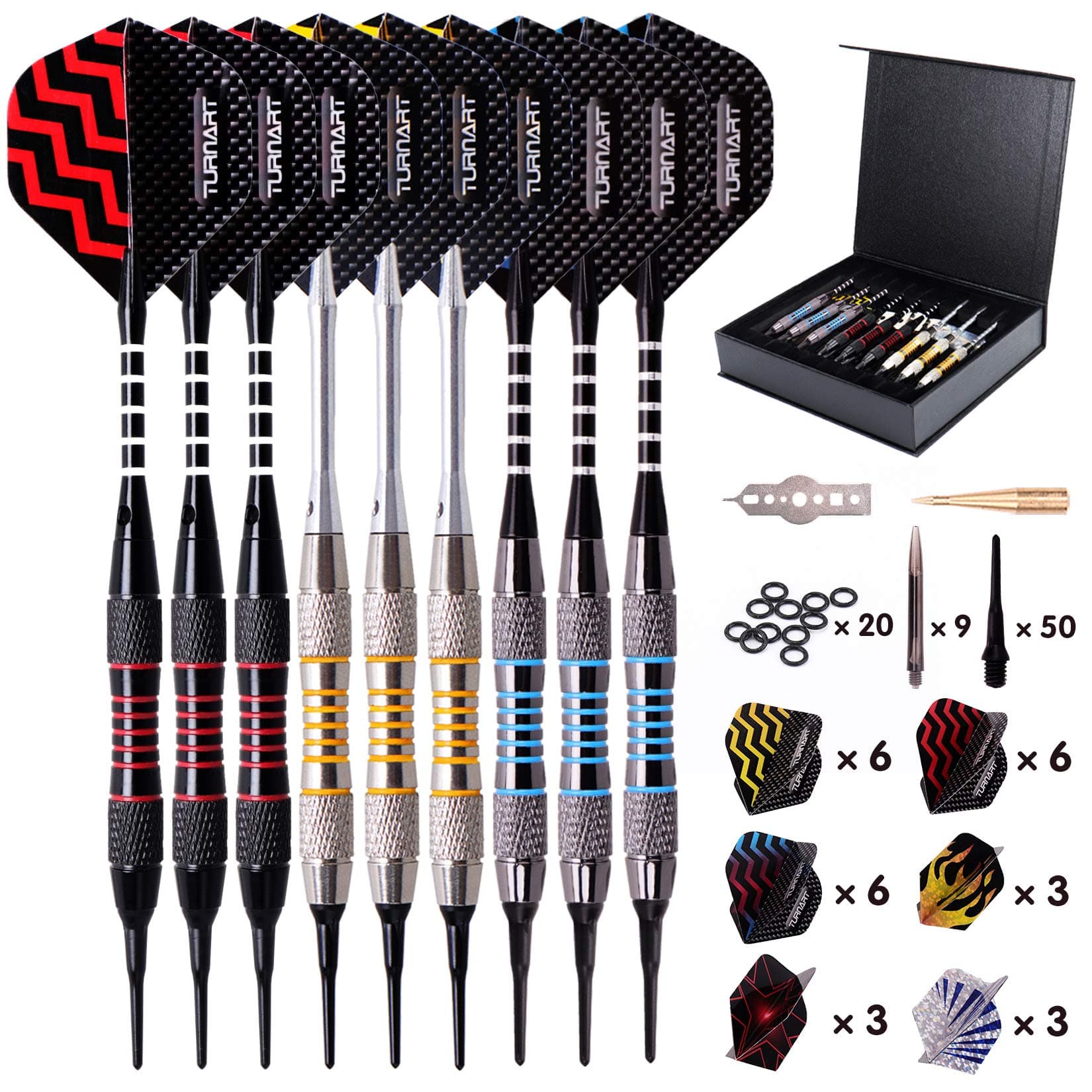 Darts Plastic Tip - Professional Soft Tip Darts Set for Electronic Dartboard 9 Pcs 18 Grams with 50 Extra Tips 9 Shafts 27 Flights Tool Kit Flight Protectors and Gift Darts Case