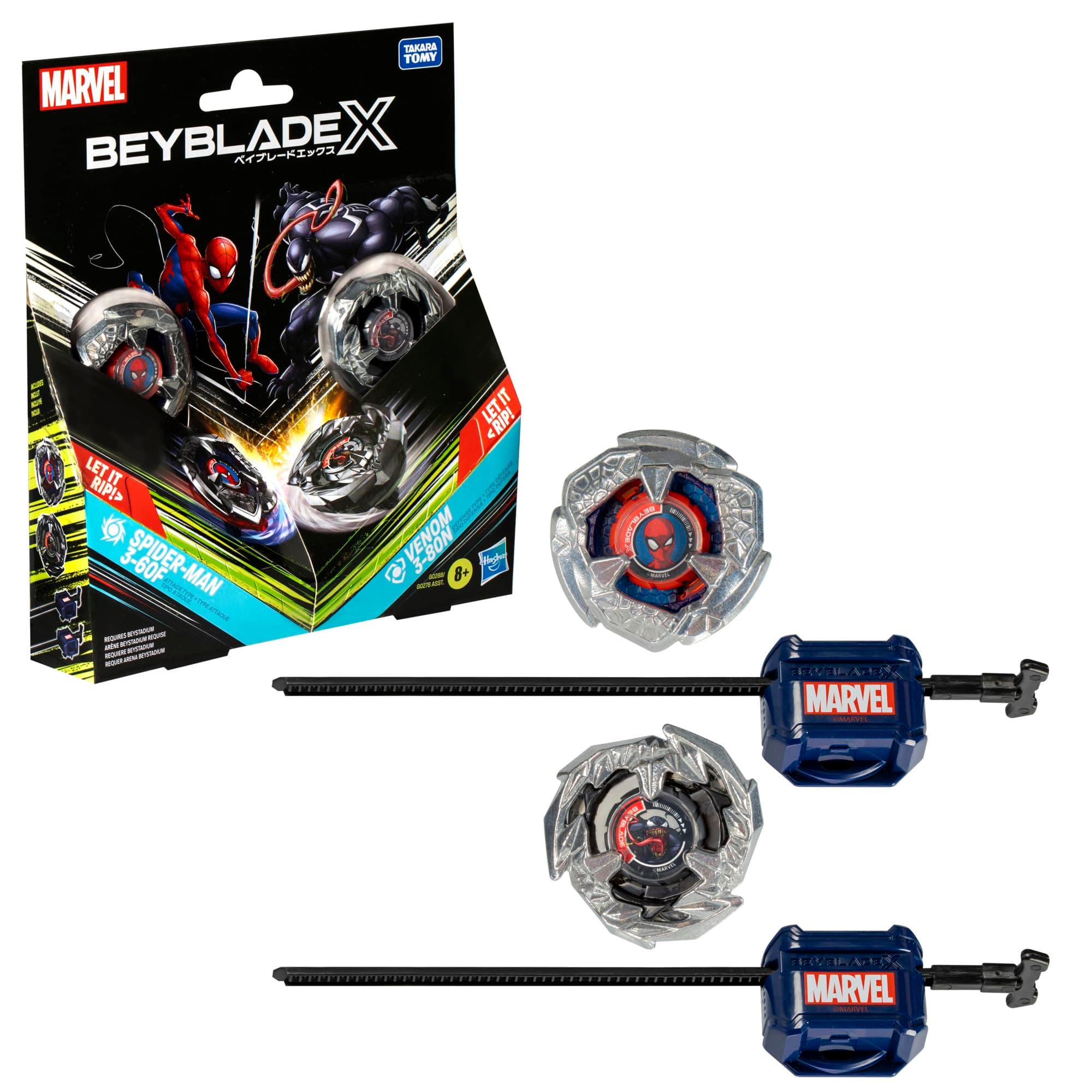 Beyblade X Marvel Collab Spider-Man 3-60F vs. Venom 3-80N Multipack Set, Includes 2 Right-Spin Tops & Launchers, Spinning Toys for Kids 8+, Boys and Girls