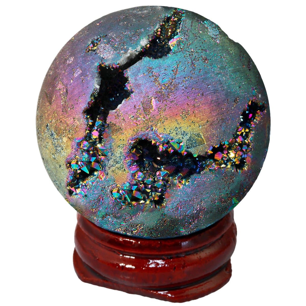 40mm Titanium Coated Natural Agate Geode Crystal Sphere Ball Specimen with Wooden Stand, Rainbow Druzy Quartz Stone Sphere Gift Ornament for Room Office Decor Good Luck Chakra Meditation