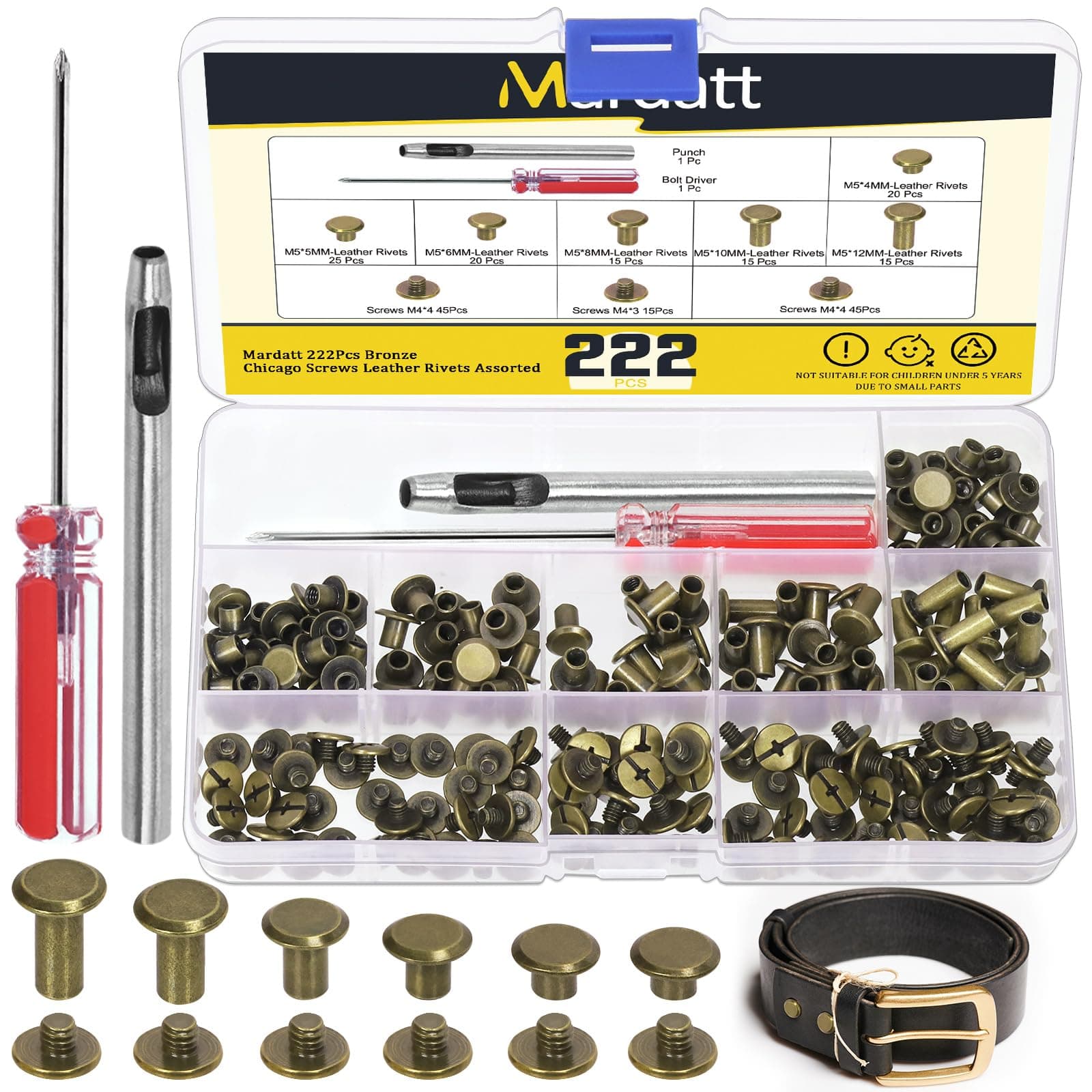 Mardatt 222Pcs 6 Sizes Chicago Screws Assorted Kit with Setting Tools, M5 X 4/5/6/8/10/12MM Leather Rivets M5 Chicago Binding Screws Rivets for DIY Leather Craft Repair(Bronze)