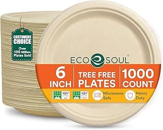 ECO SOUL Compostable Paper Plates 6 Inch (1000 Count) Heavy Duty Disposable Dessert Plates, Eco-Friendly Sugarcane Bagasse Small Plates For Appetizer- Natural Brown