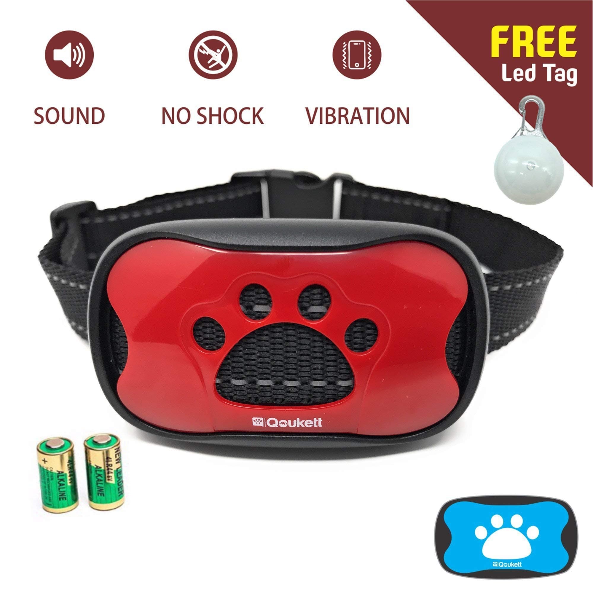 QOUKETT Bark Collar, No Barking Control Device Humane Dog Training Collar for Small Medium to Large Dogs Anti Bark Pain Free No Bark Shock Vibration & Sound | for Trainers & Pet Owners | Free LED Tag