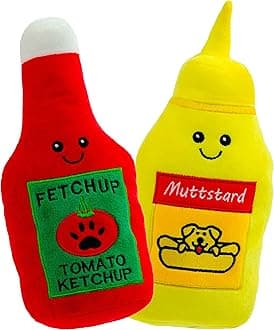 Giftable World Pet Plush Pet Toy Fruits, Cupcakes, Ice Creams, Mug with Squeaker Dog Chew Toy (10" Ketchup & Mustard)